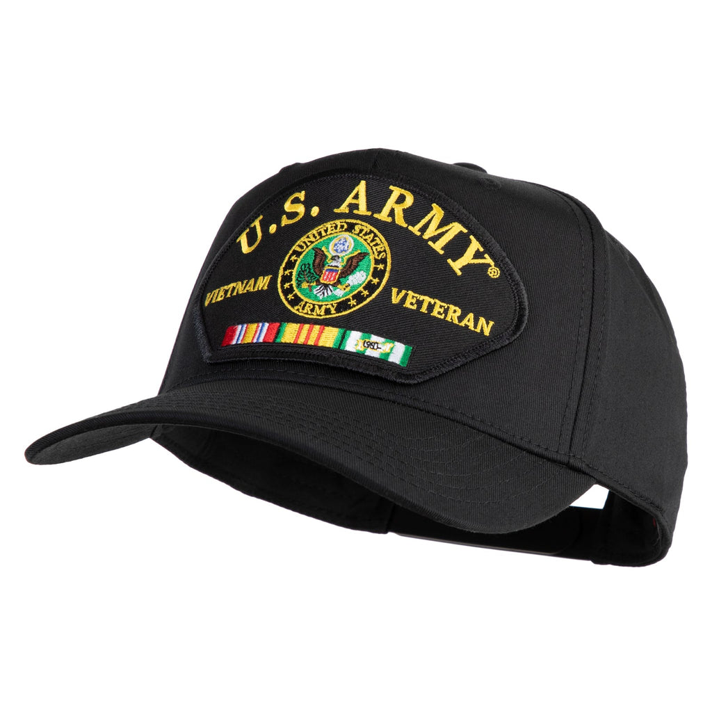Black U.S. Army Vietnam Veteran cap with embroidered details on a white background