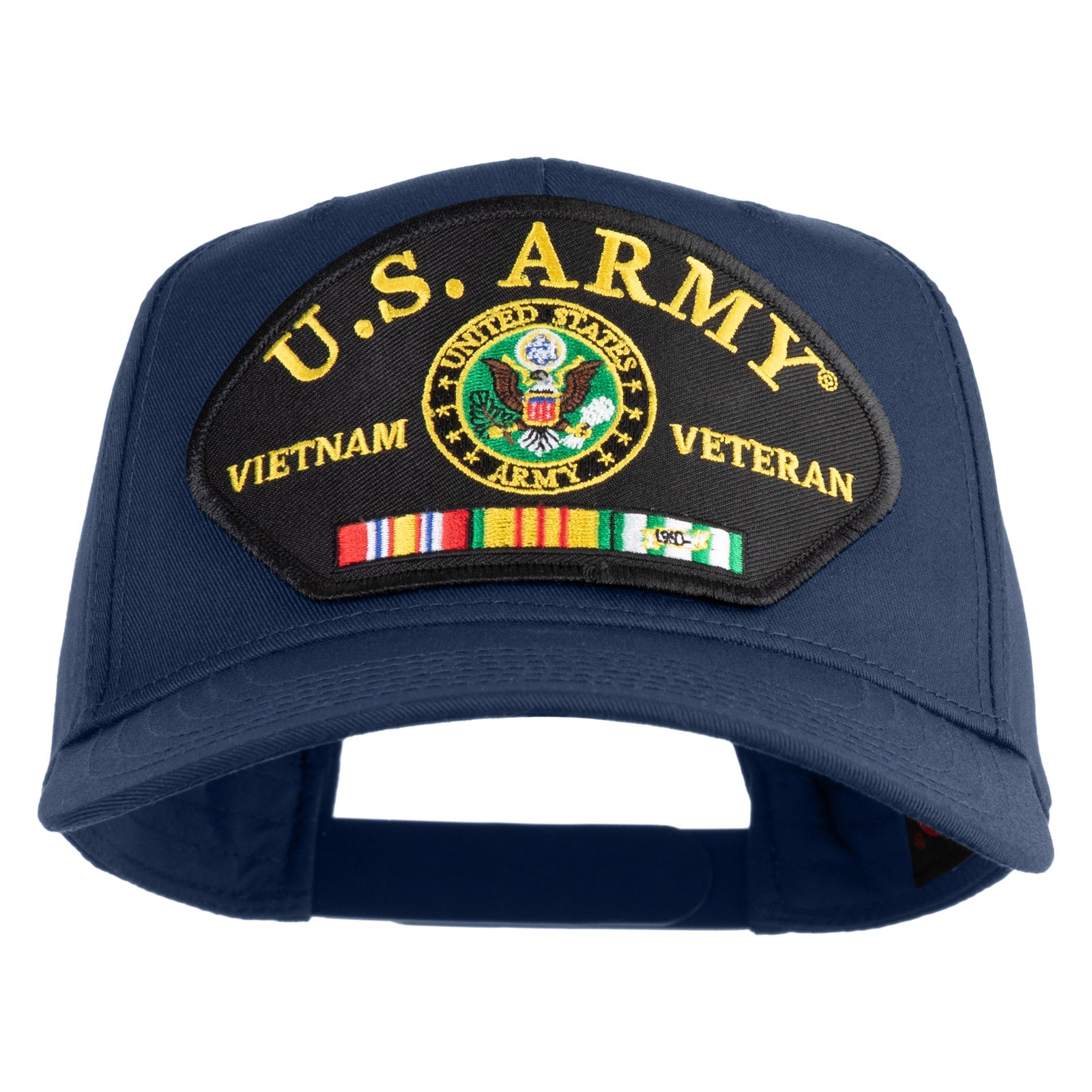Blue cap with U.S. Army Vietnam Veteran patch on a white background