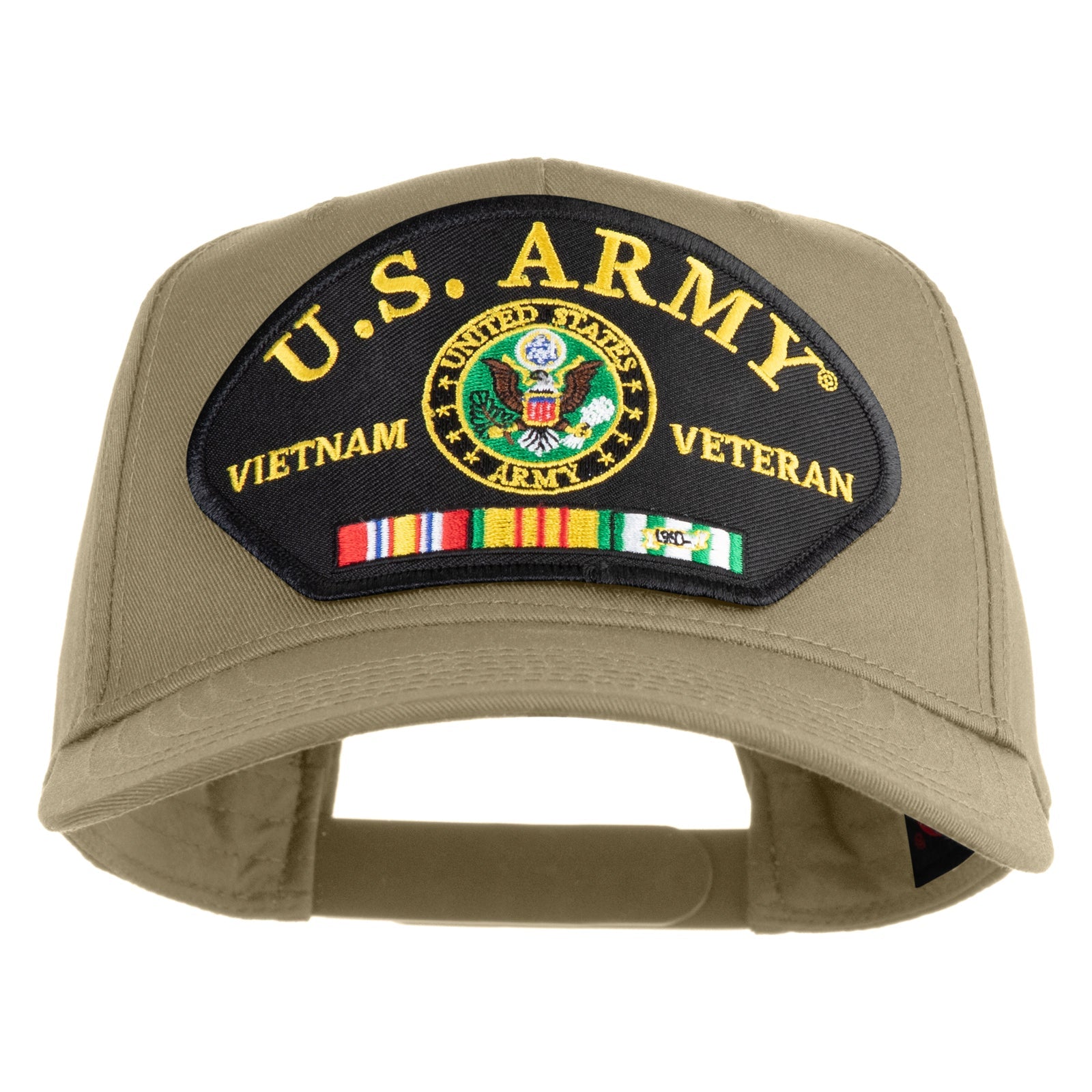 Khaki cap with U.S. Army Vietnam Veteran patch on a white background