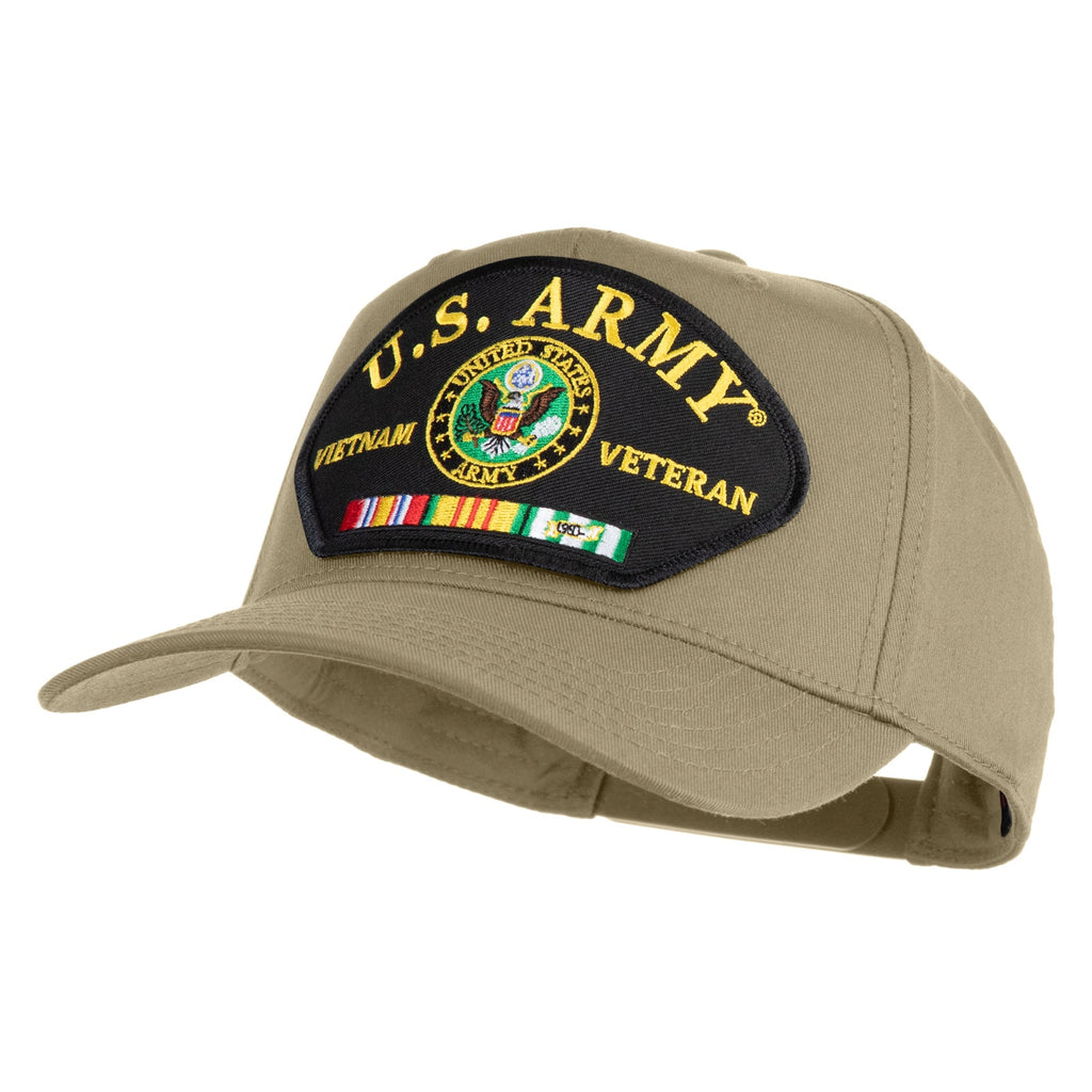 Khaki cap with U.S. Army Veteran patch on a white background
