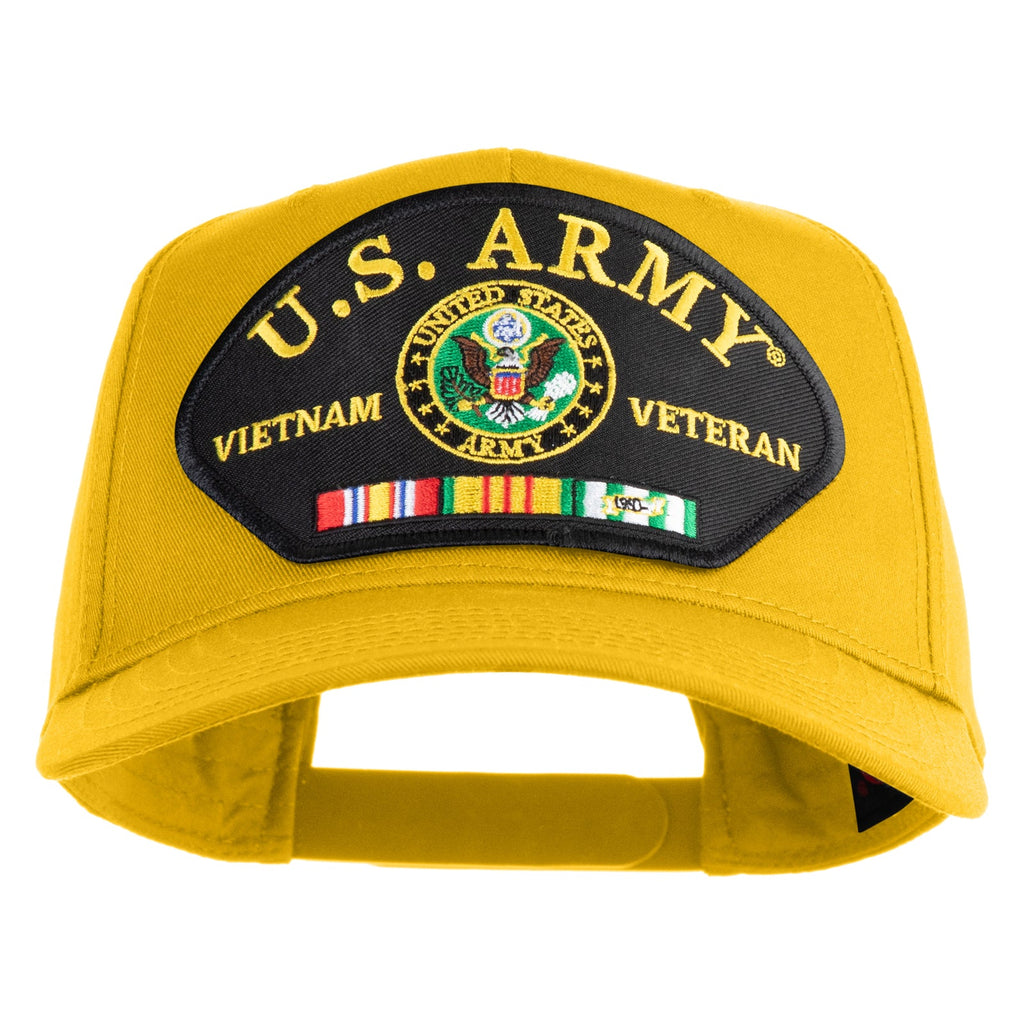 Yellow cap with U.S. Army Vietnam Veteran patch on a white background