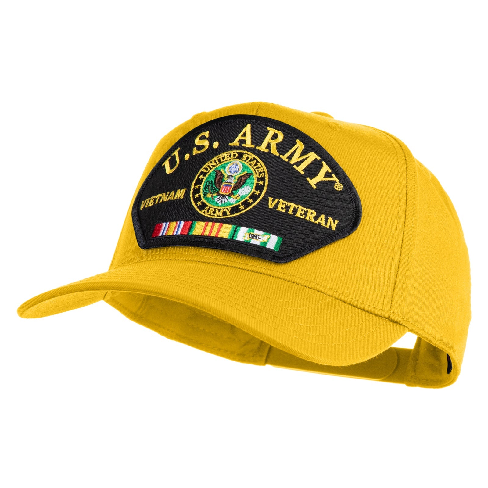 Yellow U.S. Army Veteran cap with emblem on a white background