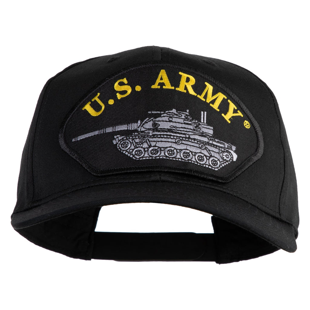 Black cap with U.S. Army logo featuring a tank on a white background