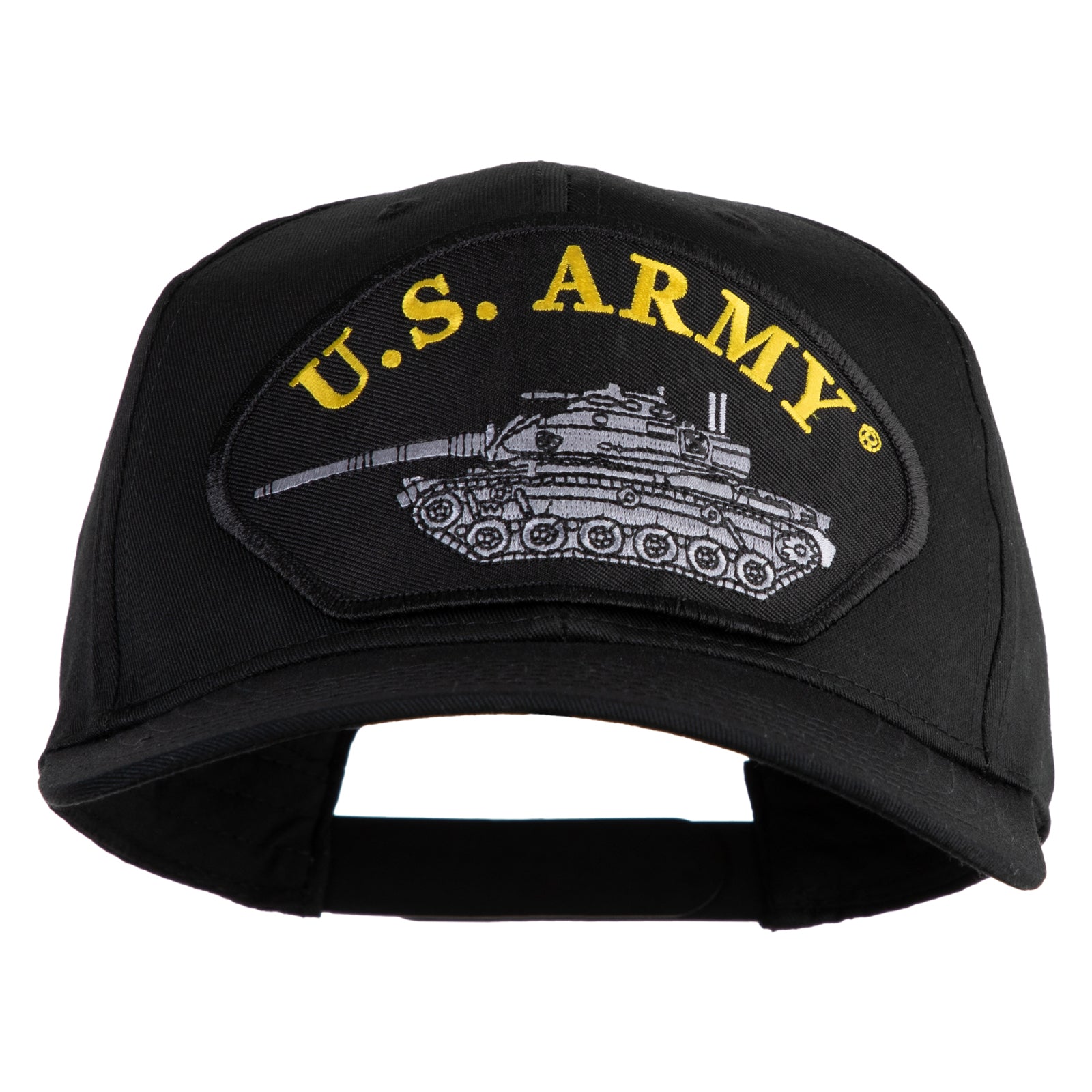 Black cap with U.S. Army logo featuring a tank on a white background