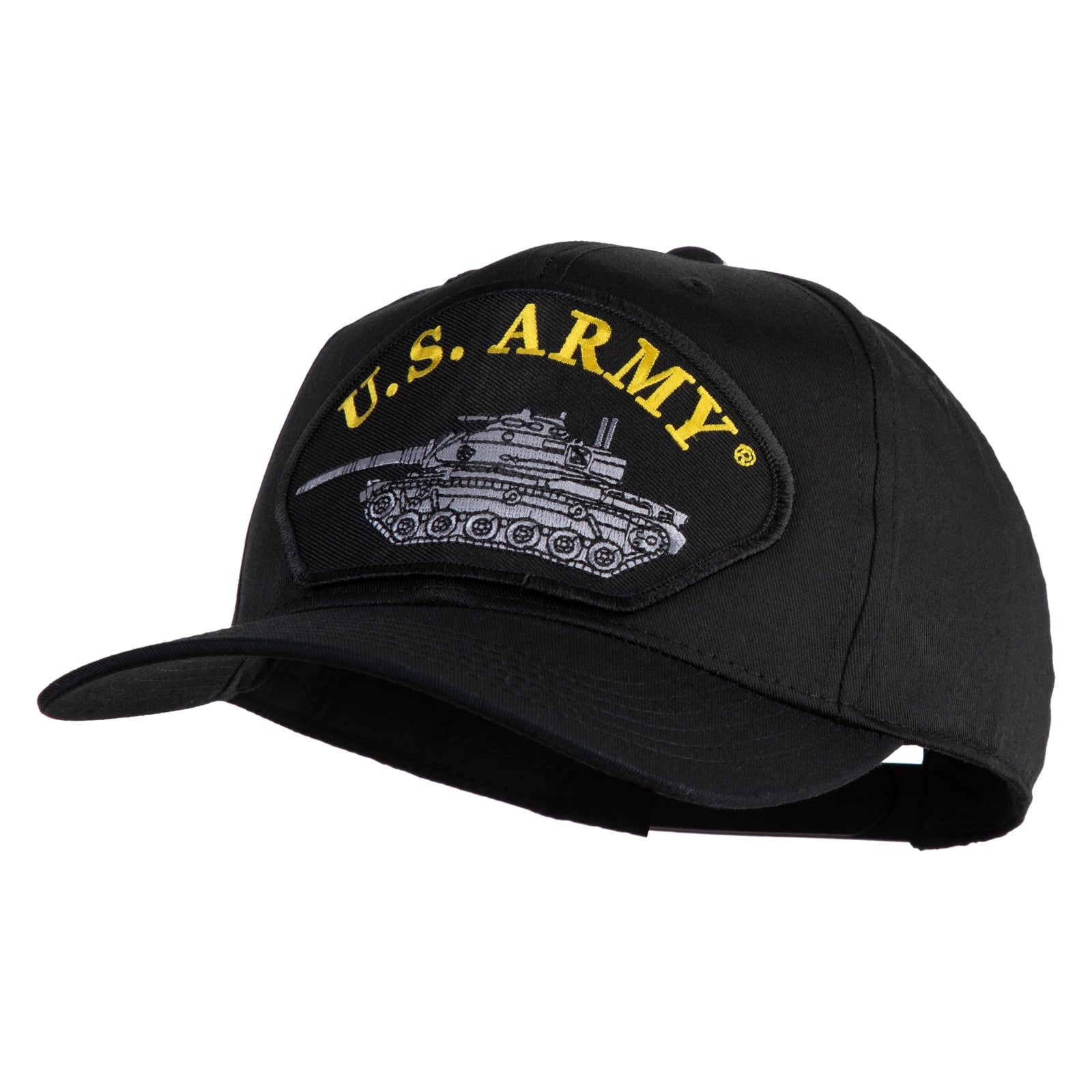 Black U.S. Army cap with tank emblem on a white background