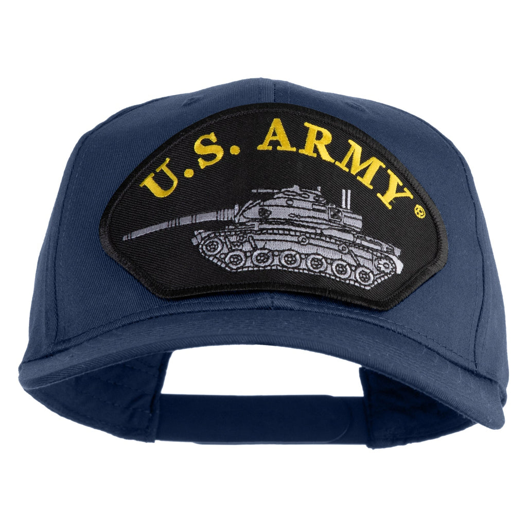 Blue cap with U.S. Army logo featuring a tank on a white background