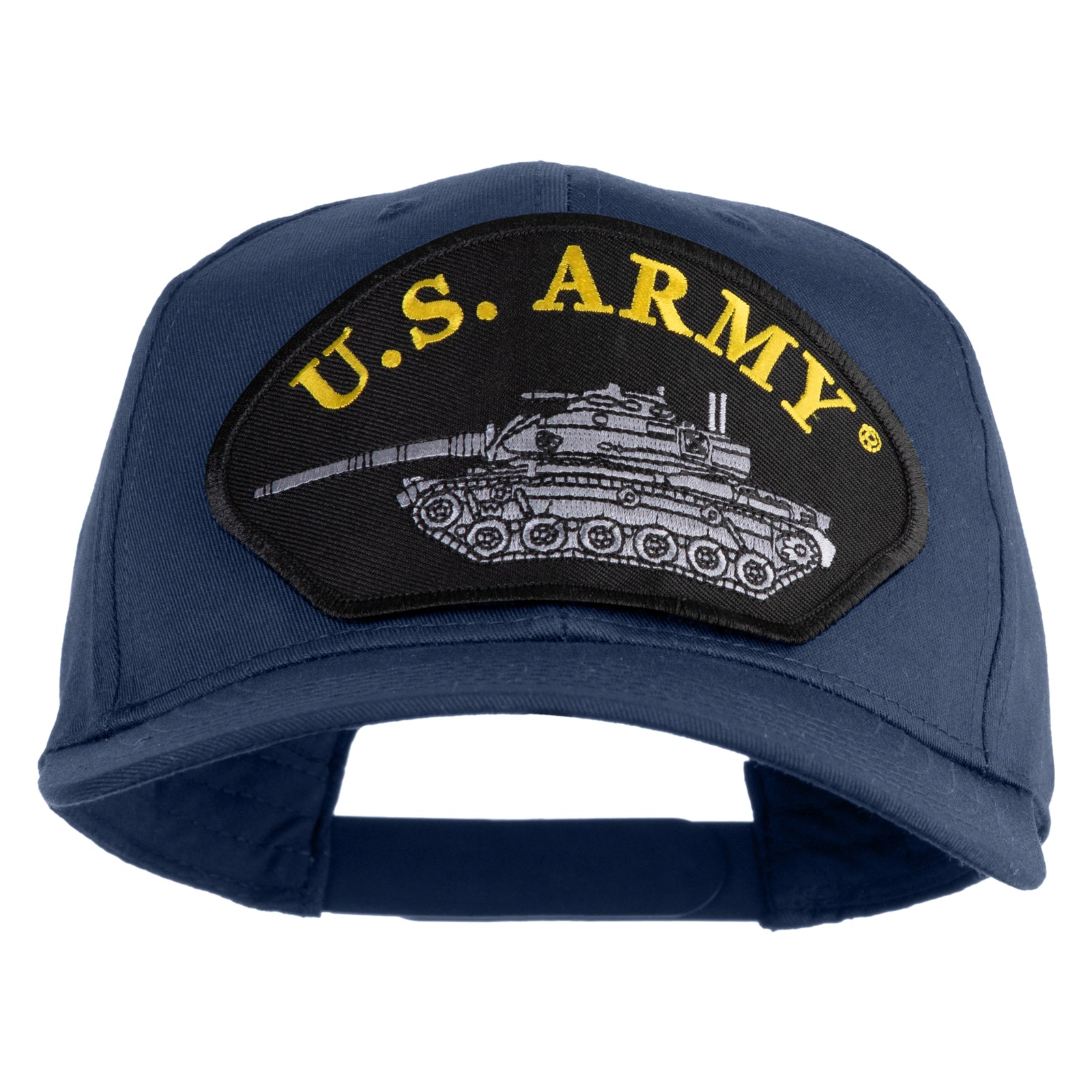 Blue cap with U.S. Army logo featuring a tank on a white background