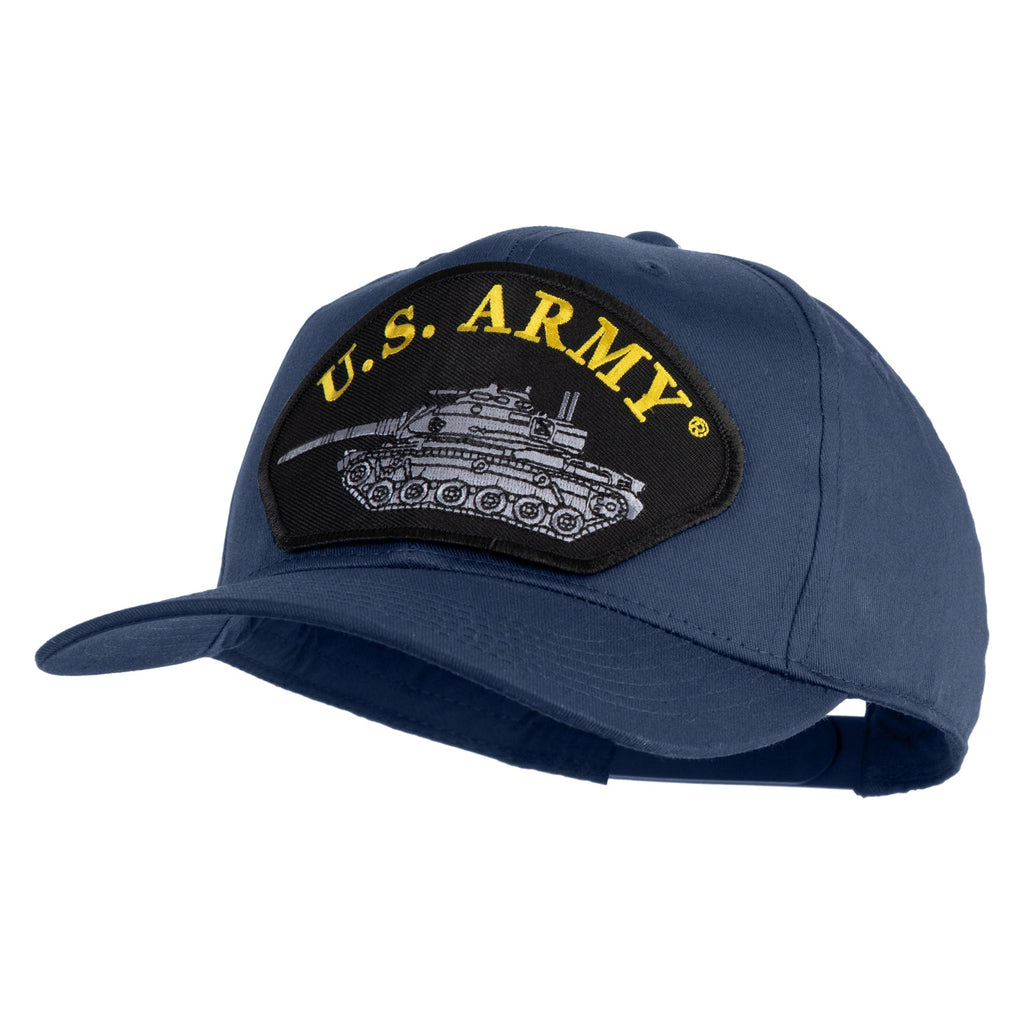 Blue cap with U.S. Army logo featuring a tank on a white background