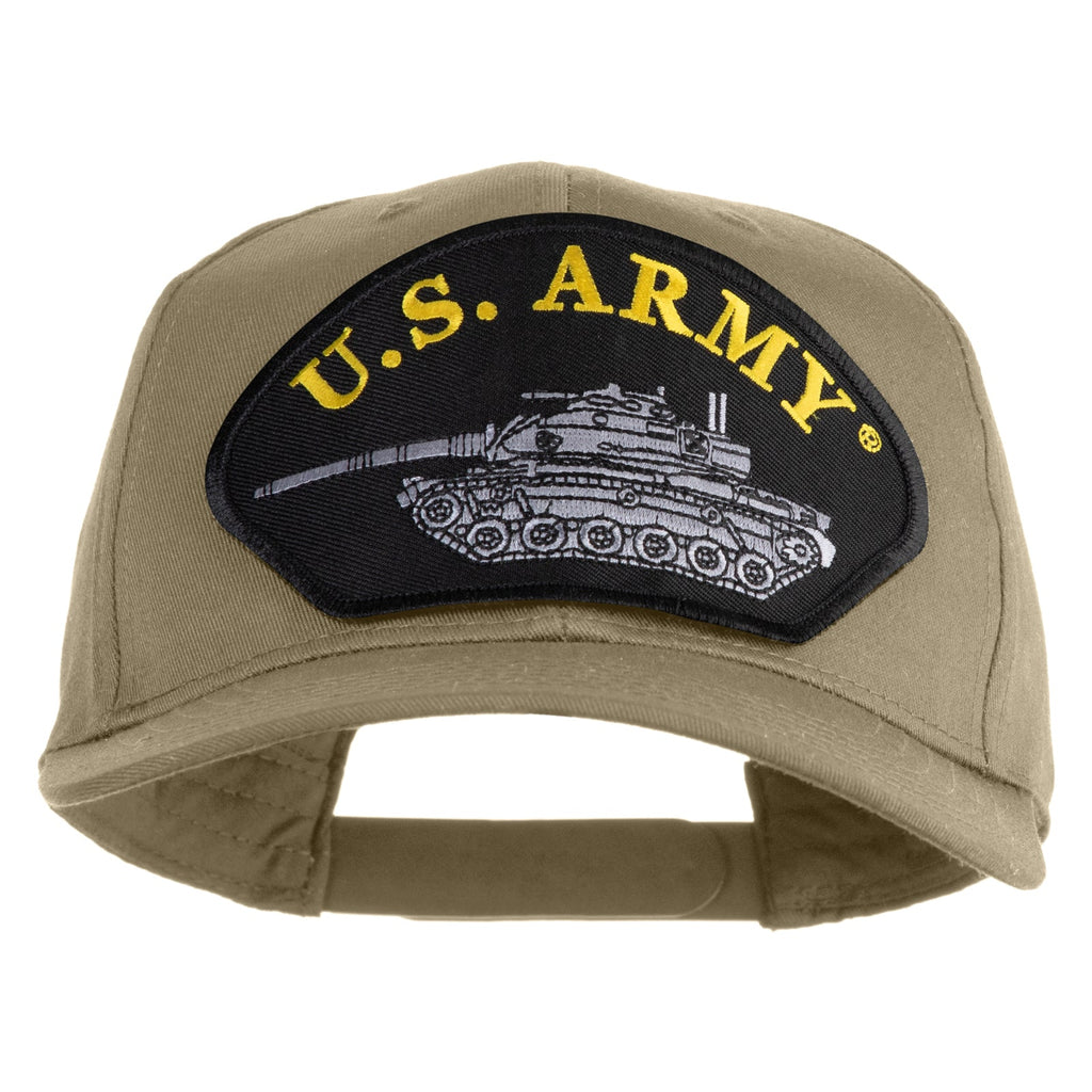 Khaki cap with U.S. Army logo featuring a tank on a white background