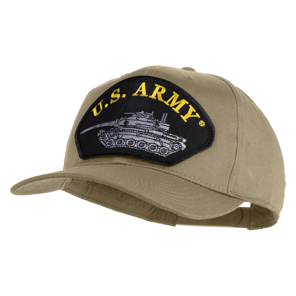 Khaki cap with U.S. Army logo and tank emblem on a white background