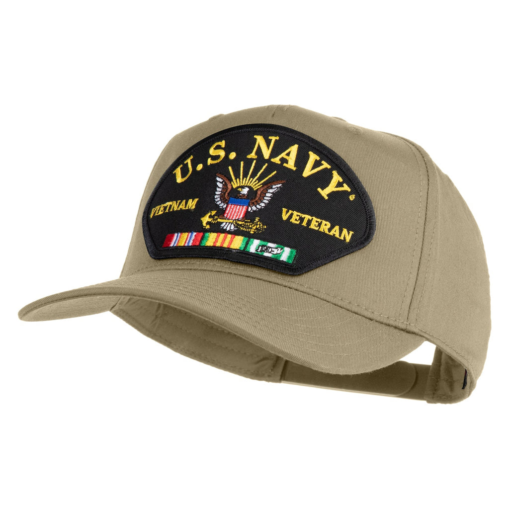 Khaki cap with U.S. Navy Veteran patch on a white background