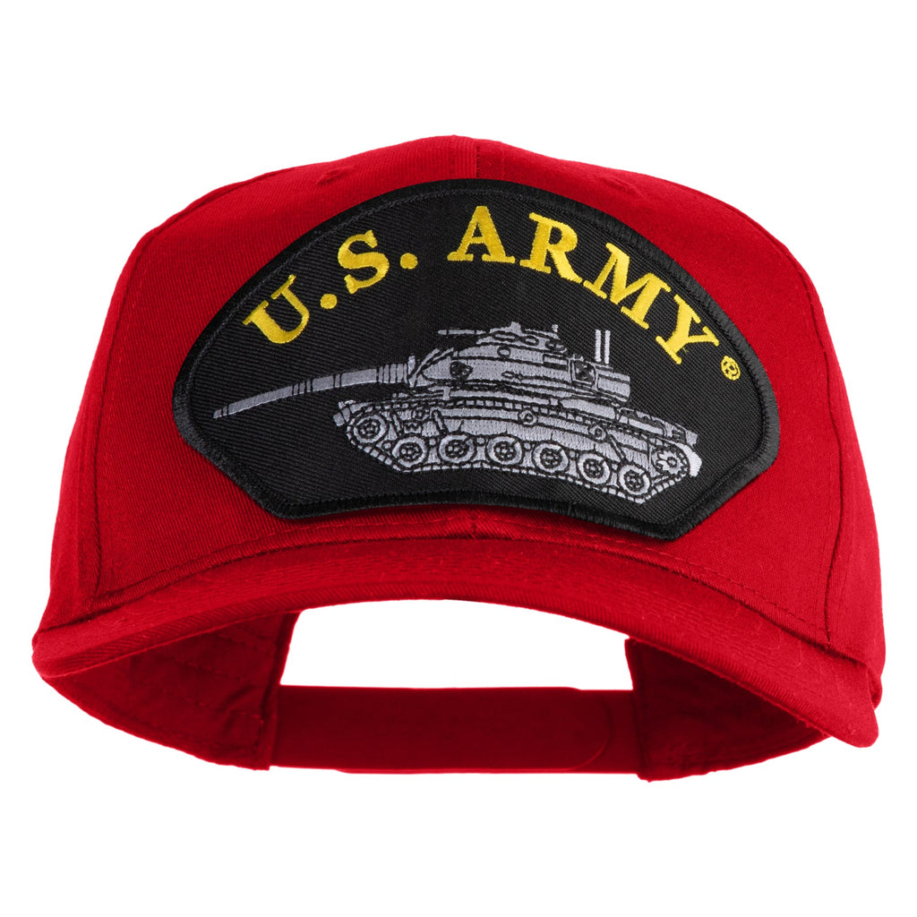Red cap with U.S. Army logo featuring a tank on a white background