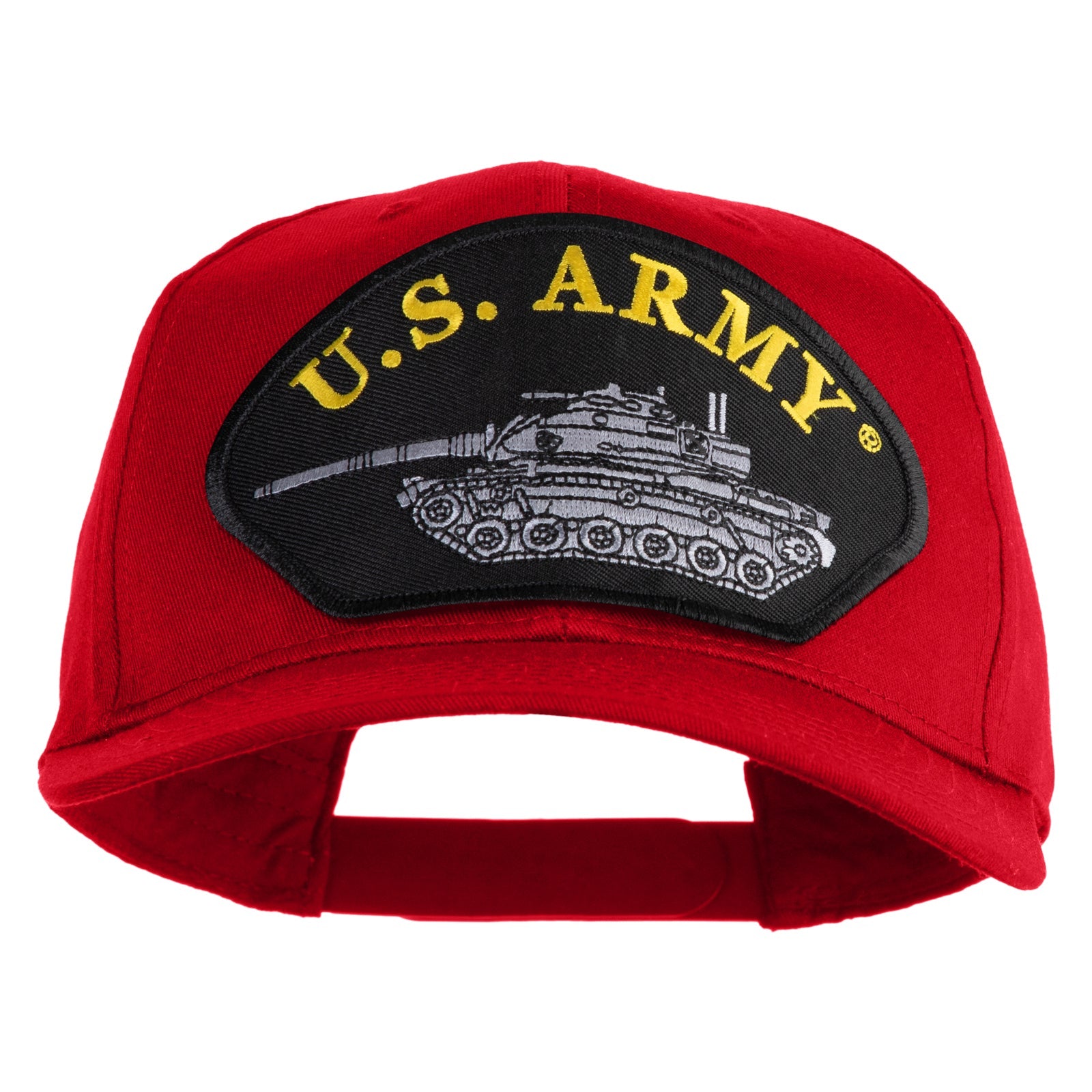 Red cap with U.S. Army logo featuring a tank on a white background