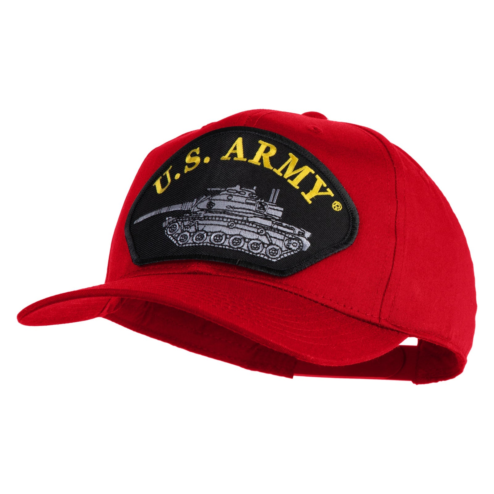 Red cap with U.S. Army patch featuring a tank on a white background