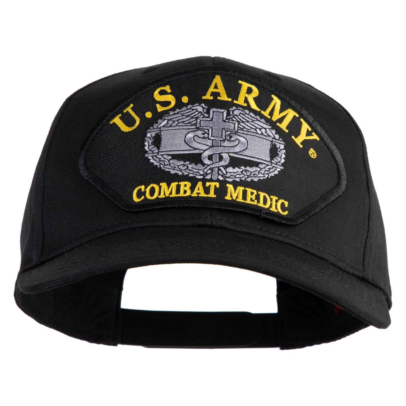 Black cap with U.S. Army Combat Medic patch on a white background