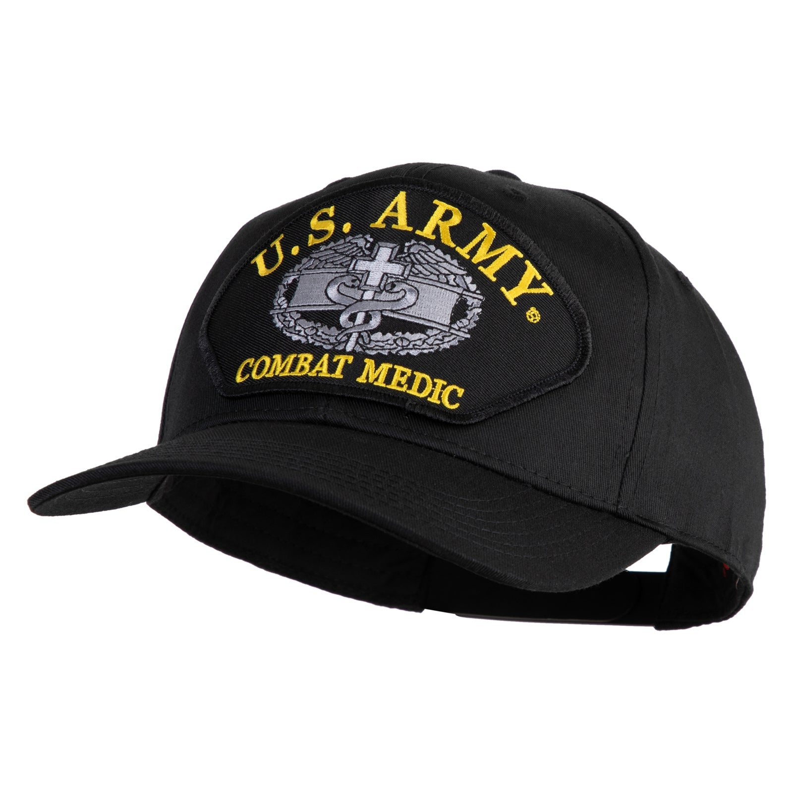 Black cap with U.S. Army Combat Medic patch on a white background