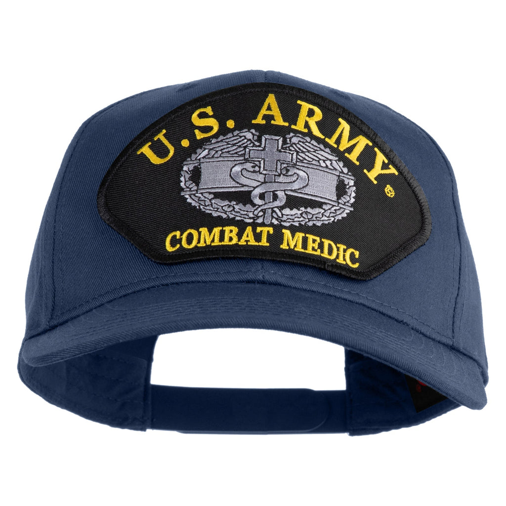 Blue cap with U.S. Army Combat Medic patch on a white background