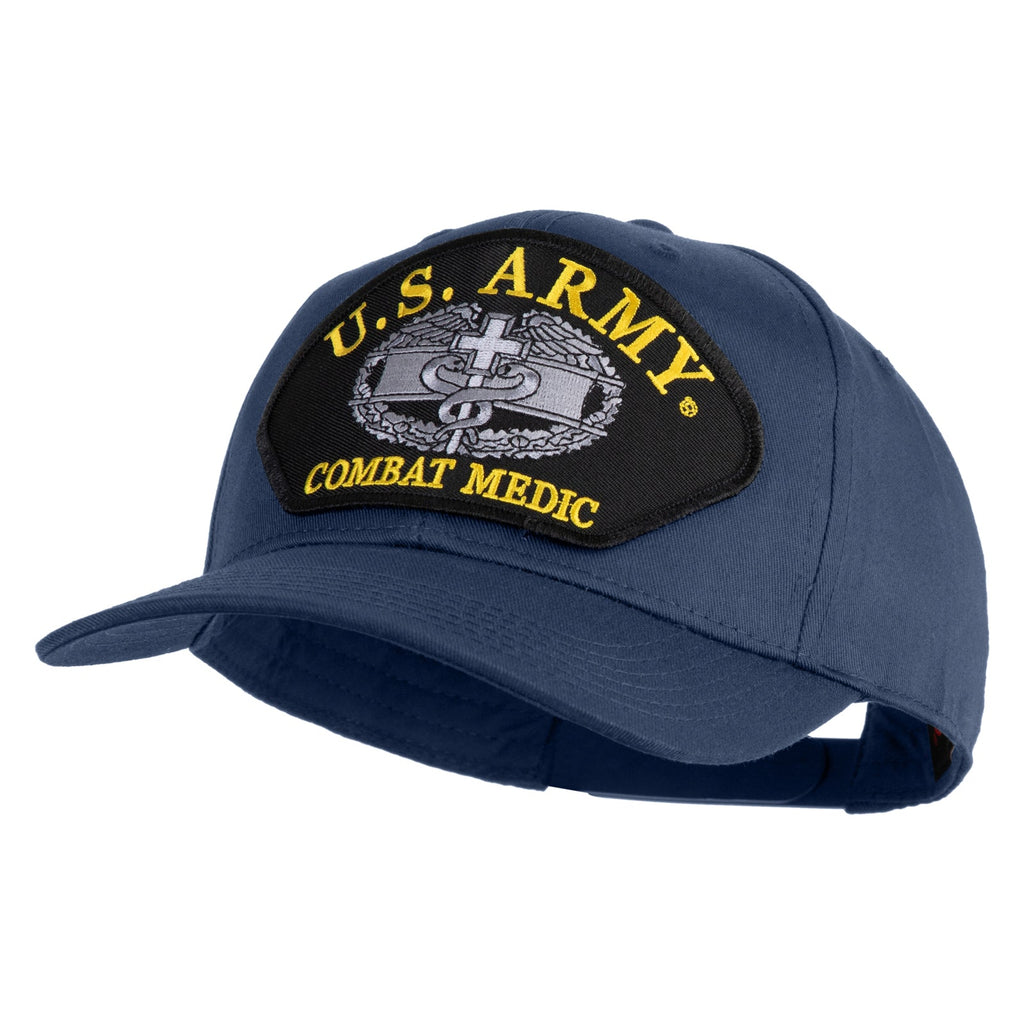 Blue cap with U.S. Army Combat Medic patch on a white background