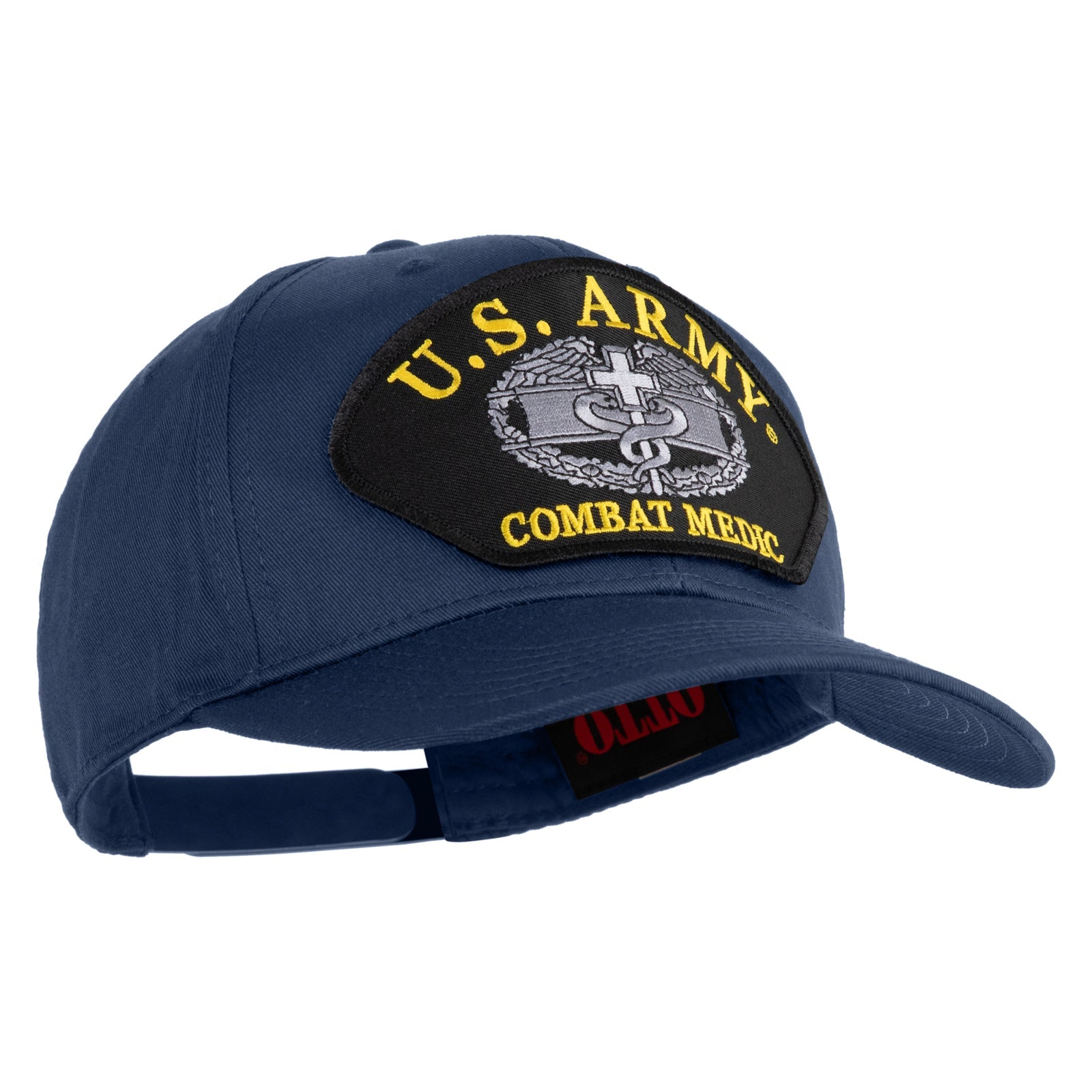 Blue cap with U.S. Army Combat Medic patch on a white background