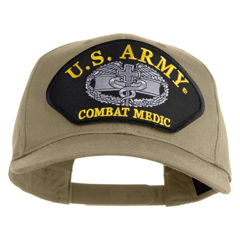 Khaki cap with U.S. Army Combat Medic patch on a white background