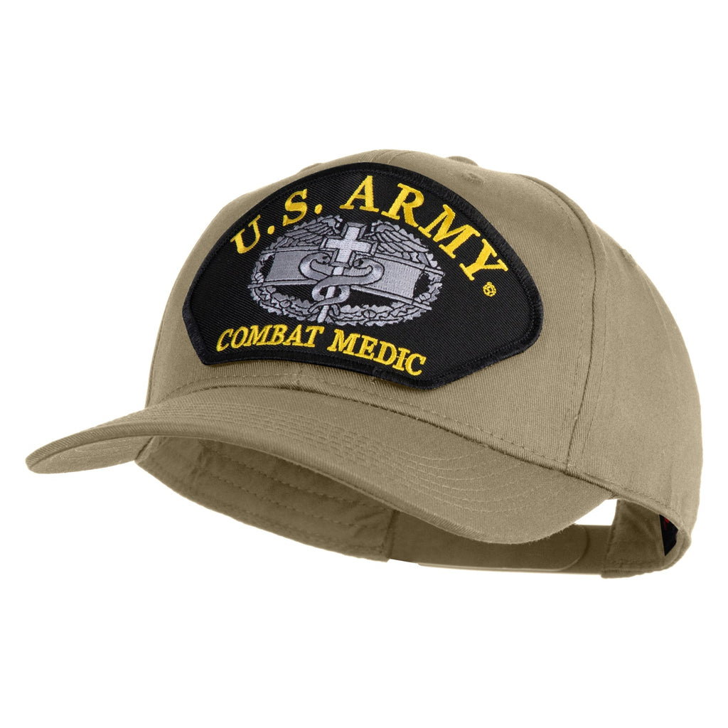 Khaki cap with U.S. Army Combat Medic patch on a white background