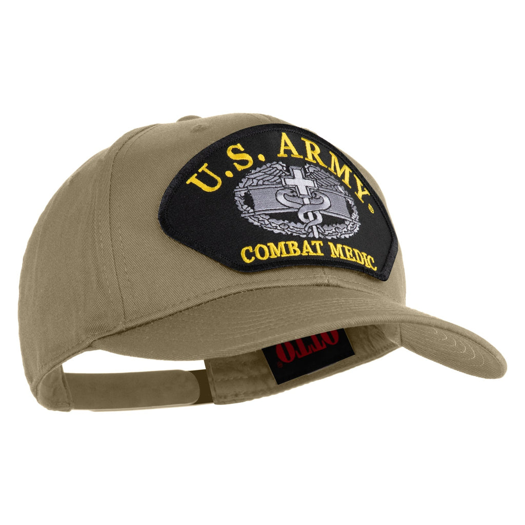 Khaki cap with U.S. Army Combat Medic patch on a white background
