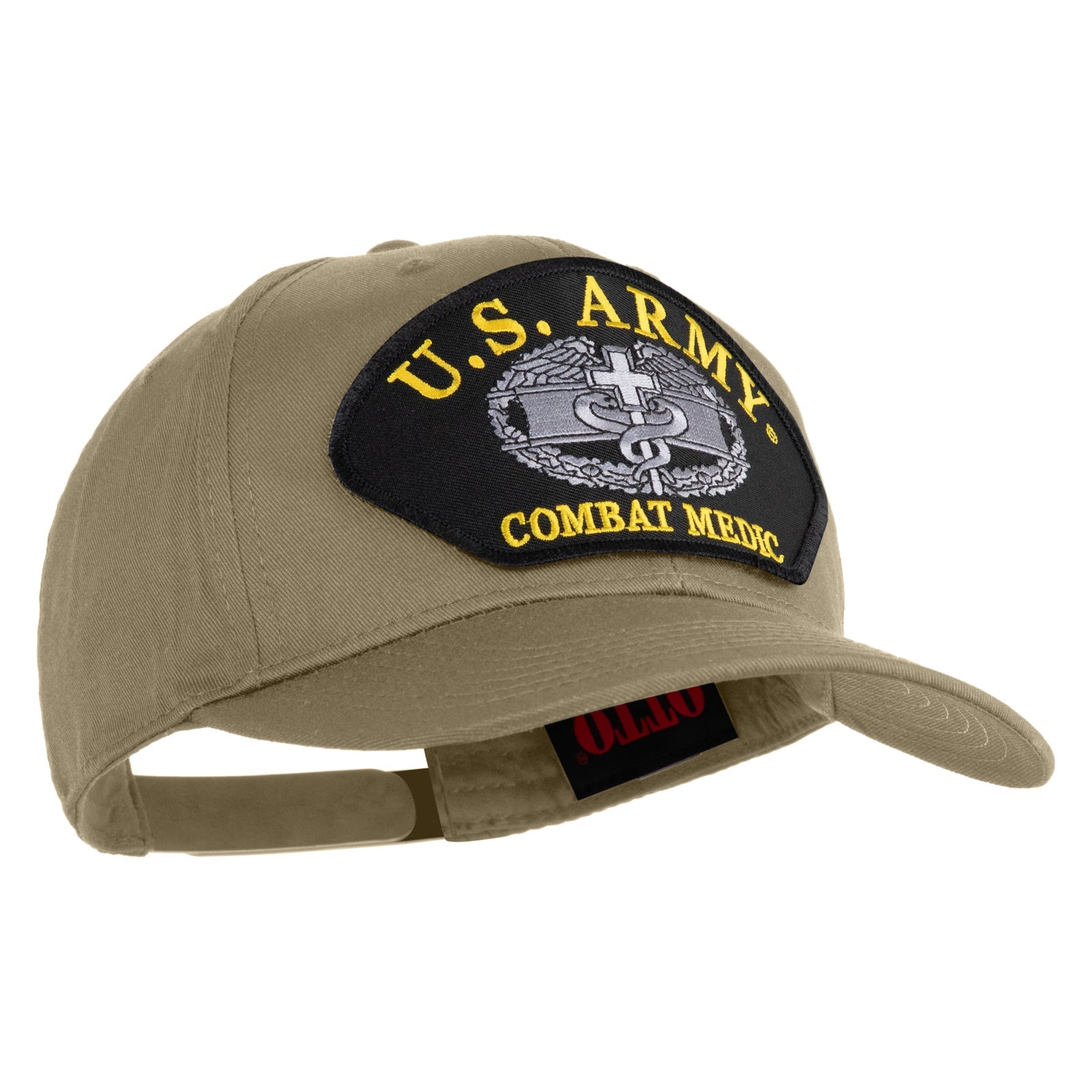 Khaki cap with U.S. Army Combat Medic patch on a white background