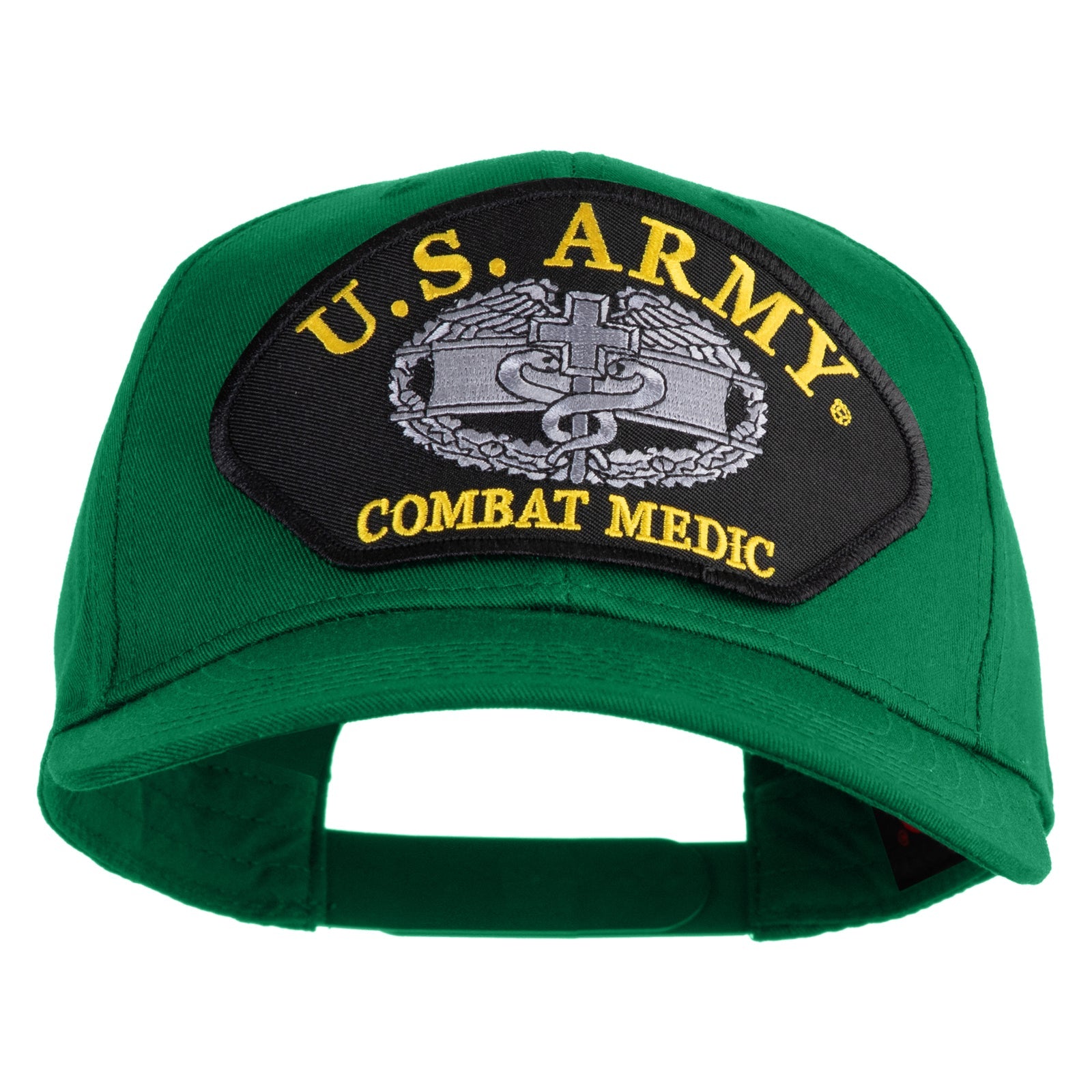 Green U.S. Army Combat Medic cap with embroidered patch on a white background