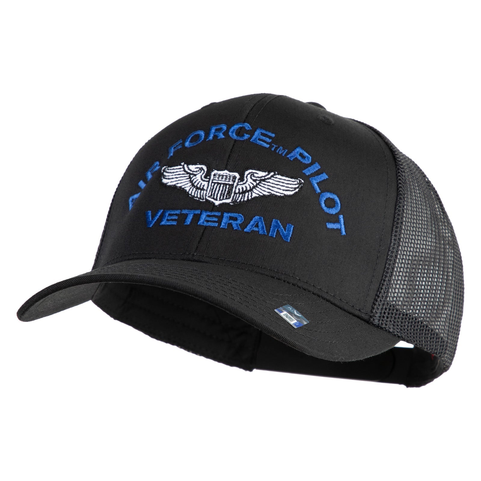 Navy blue cap with 'Air Force Pilot Veteran' text and emblem on a white background