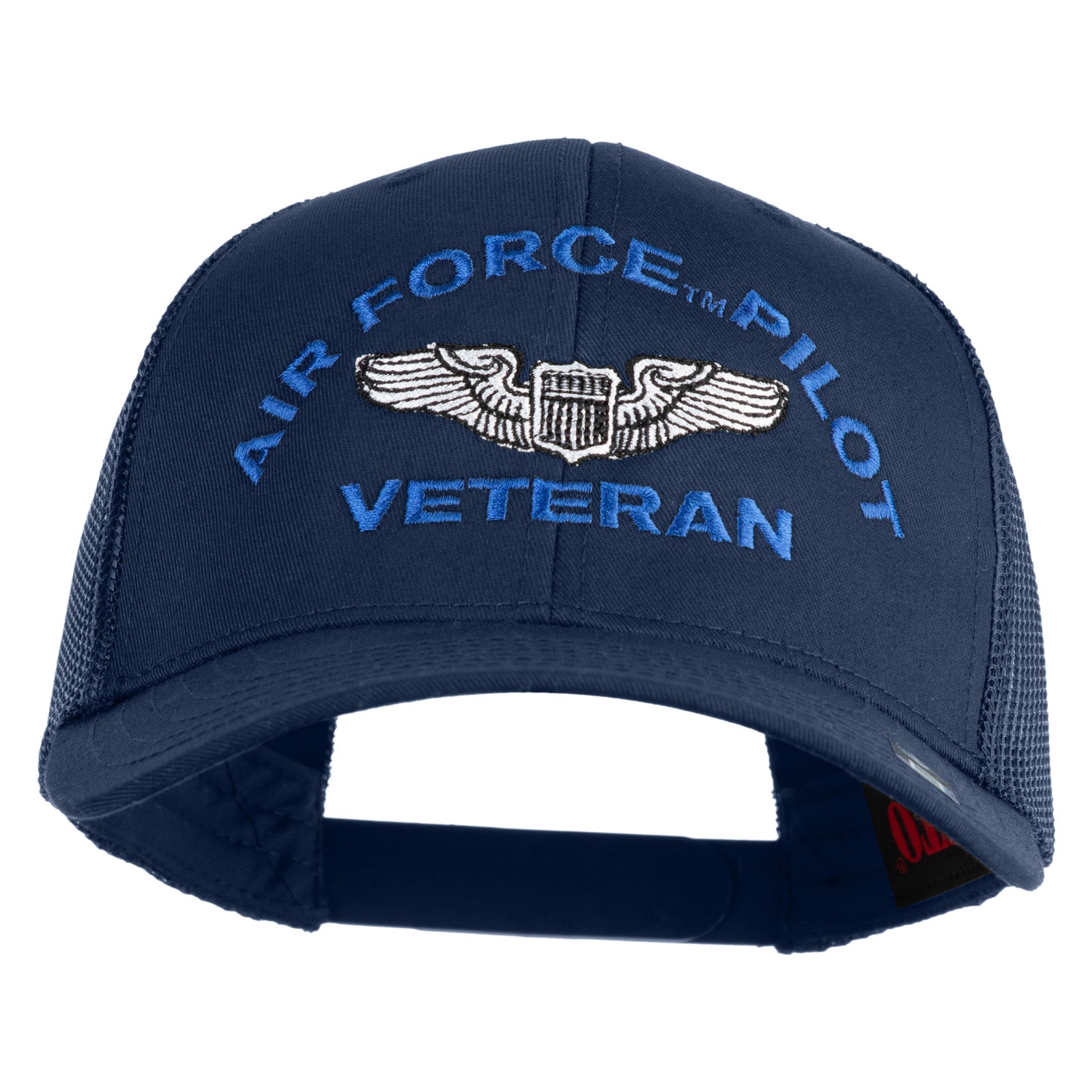 Navy blue cap with 'Air Force Pilot Veteran' text and emblem on a white background