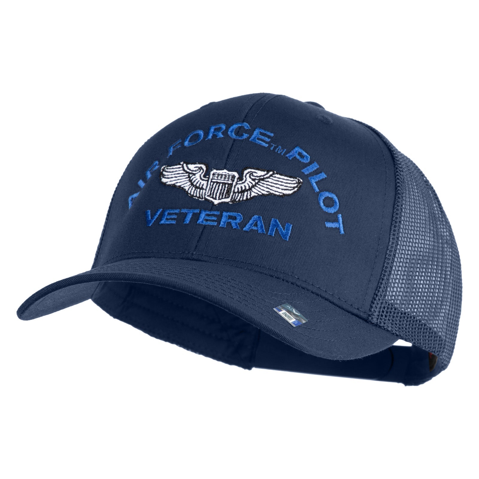 Navy blue cap with 'Air Force Pilot Veteran' text and emblem on a white background