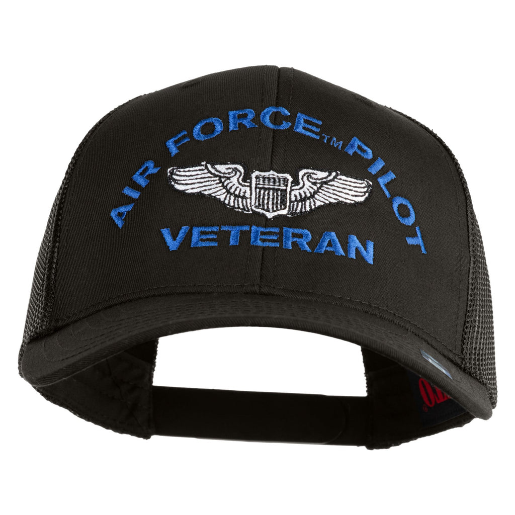 Black cap with 'Air Force Pilot Veteran' text and emblem on a white background