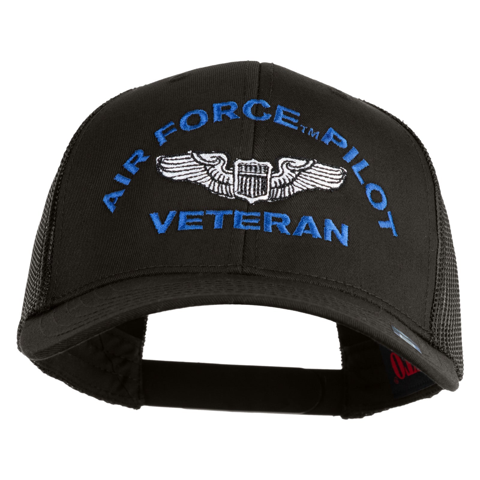 Black cap with 'Air Force Pilot Veteran' text and emblem on a white background