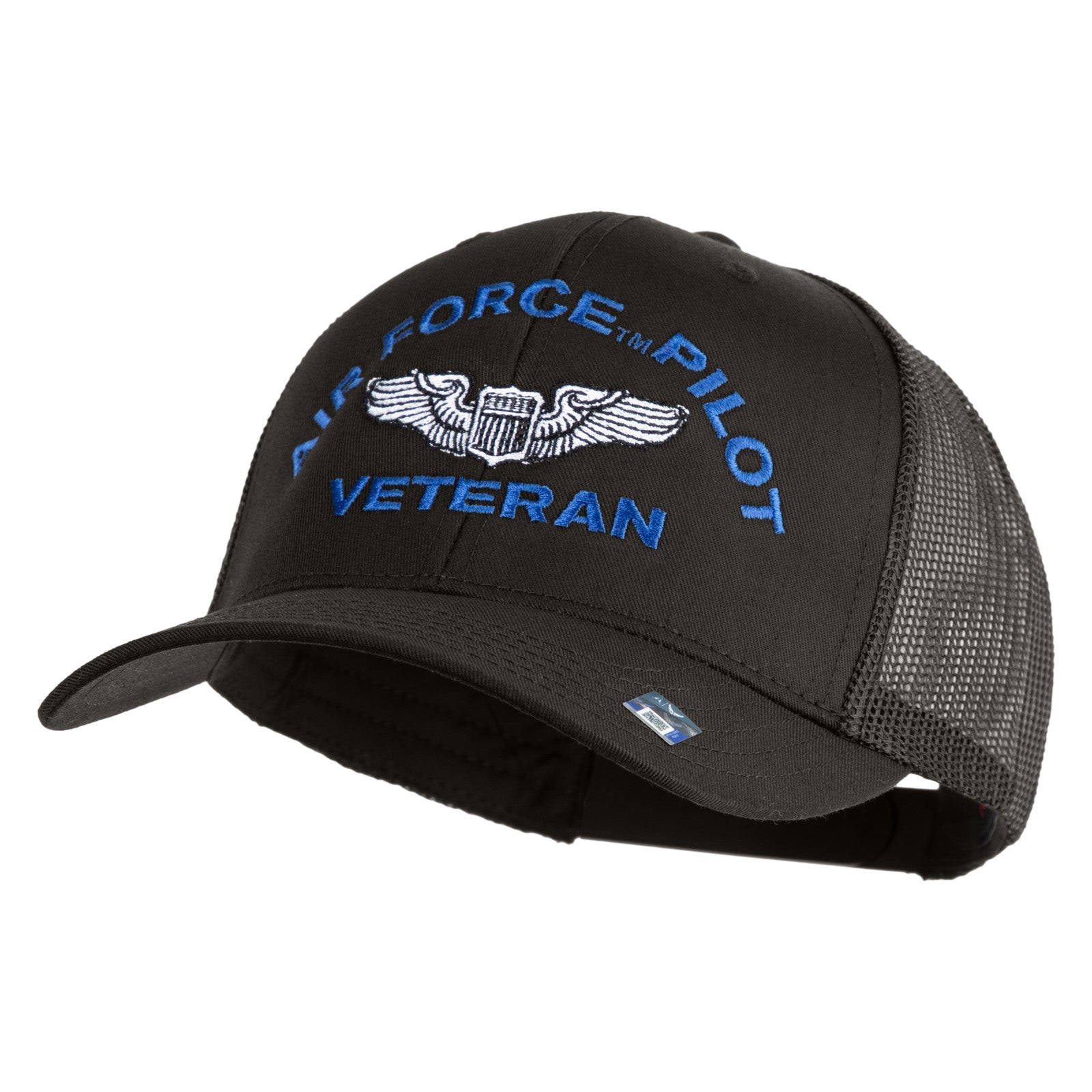Black cap with 'Air Force Pilot Veteran' text and emblem on a white background