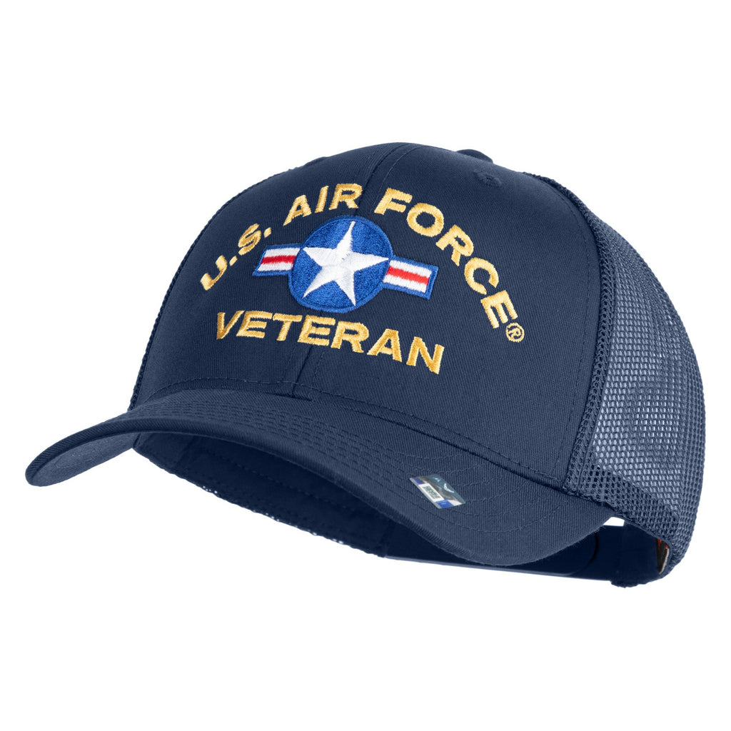 Navy blue cap with 'U.S. Air Force Veteran' text and logo on a white background