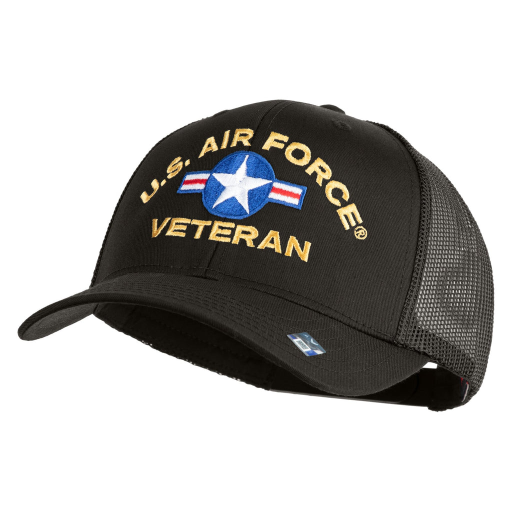 Black cap with 'U.S. Air Force Veteran' text and logo on a white background