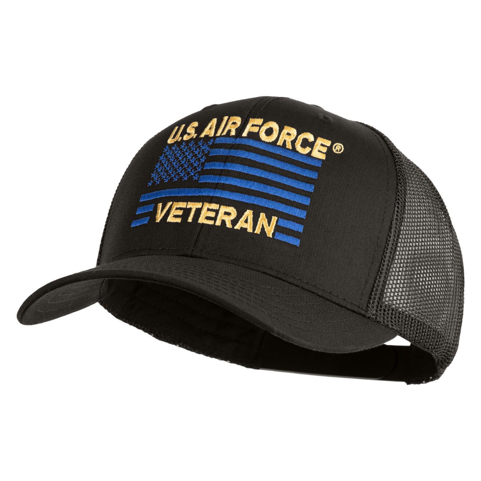 US Air Force Veteran Flag Embroidered Solid Cotton Twill Mesh Prostyle Cap