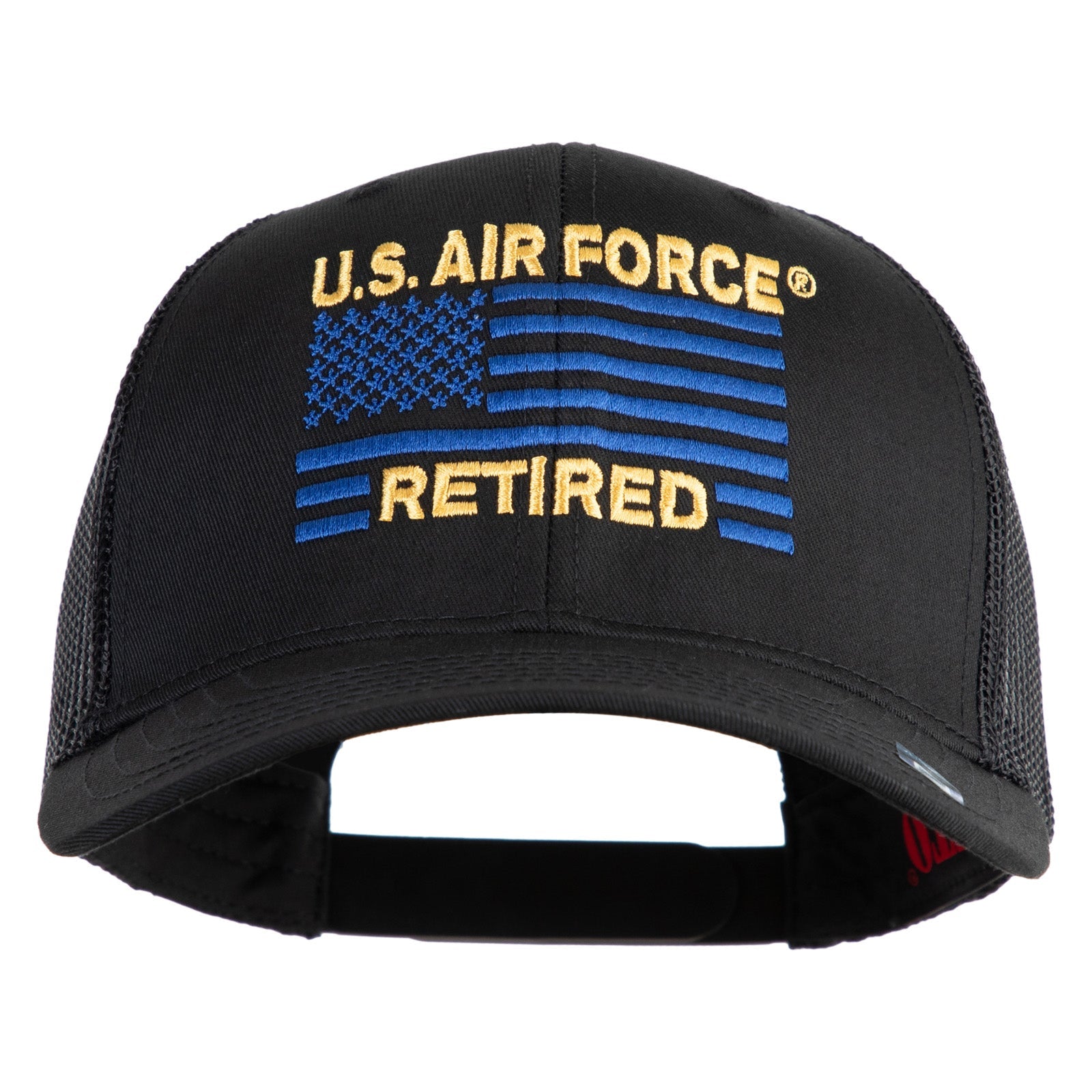 Black cap with U.S. Air Force Retired text and flag design on a white background