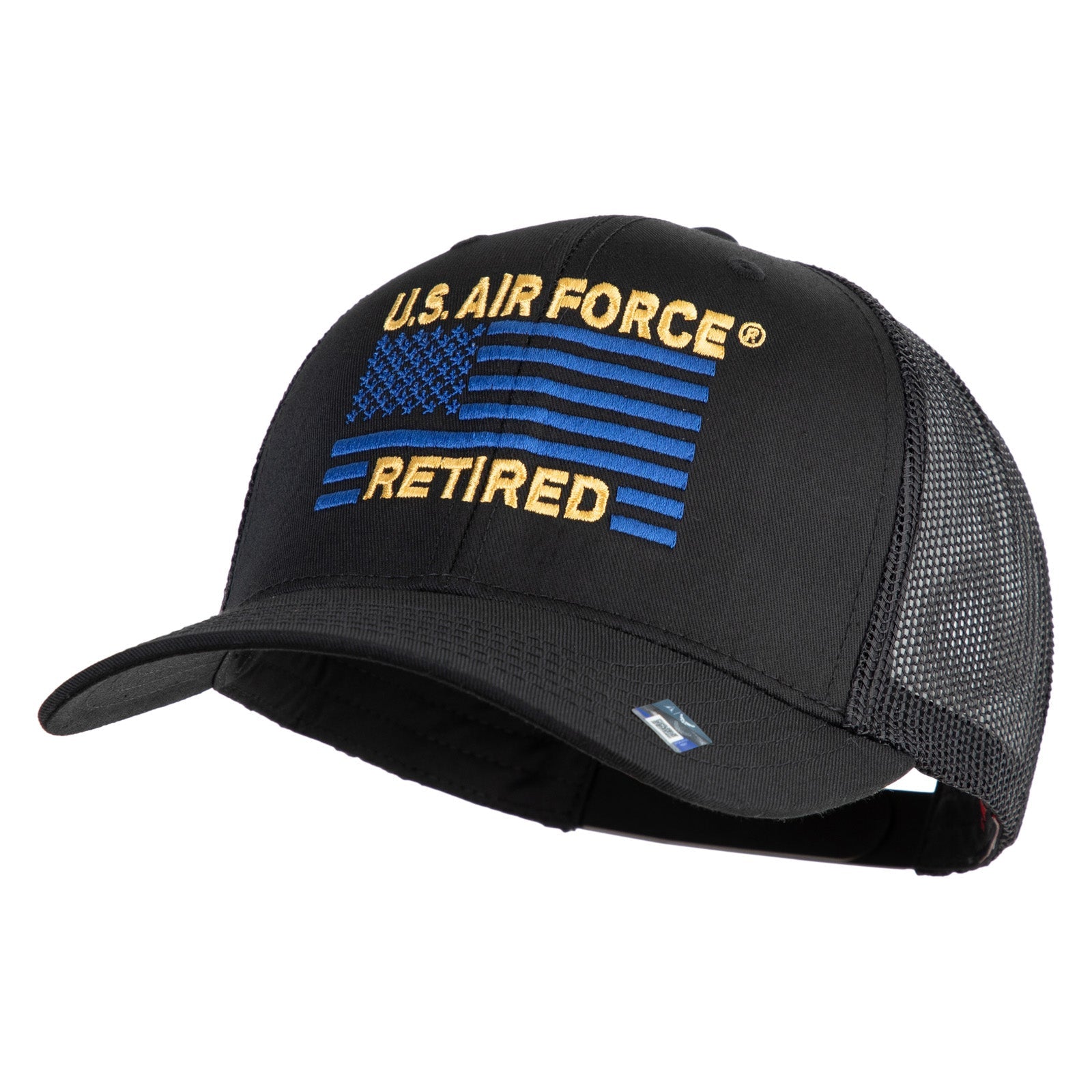 Black U.S. Air Force retired cap with blue and yellow design on a white background