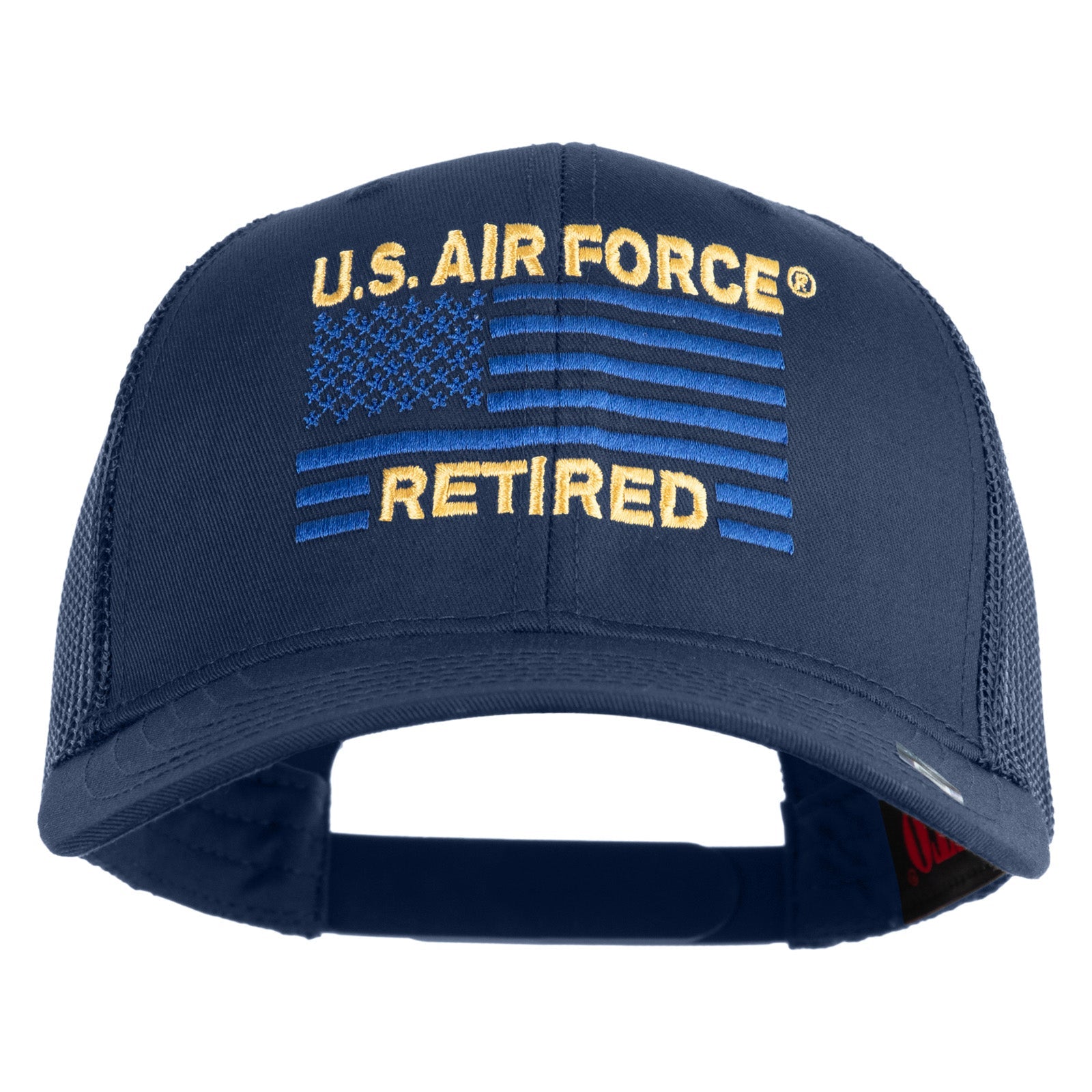 Navy blue cap with U.S. Air Force Retired text and flag design on a white background