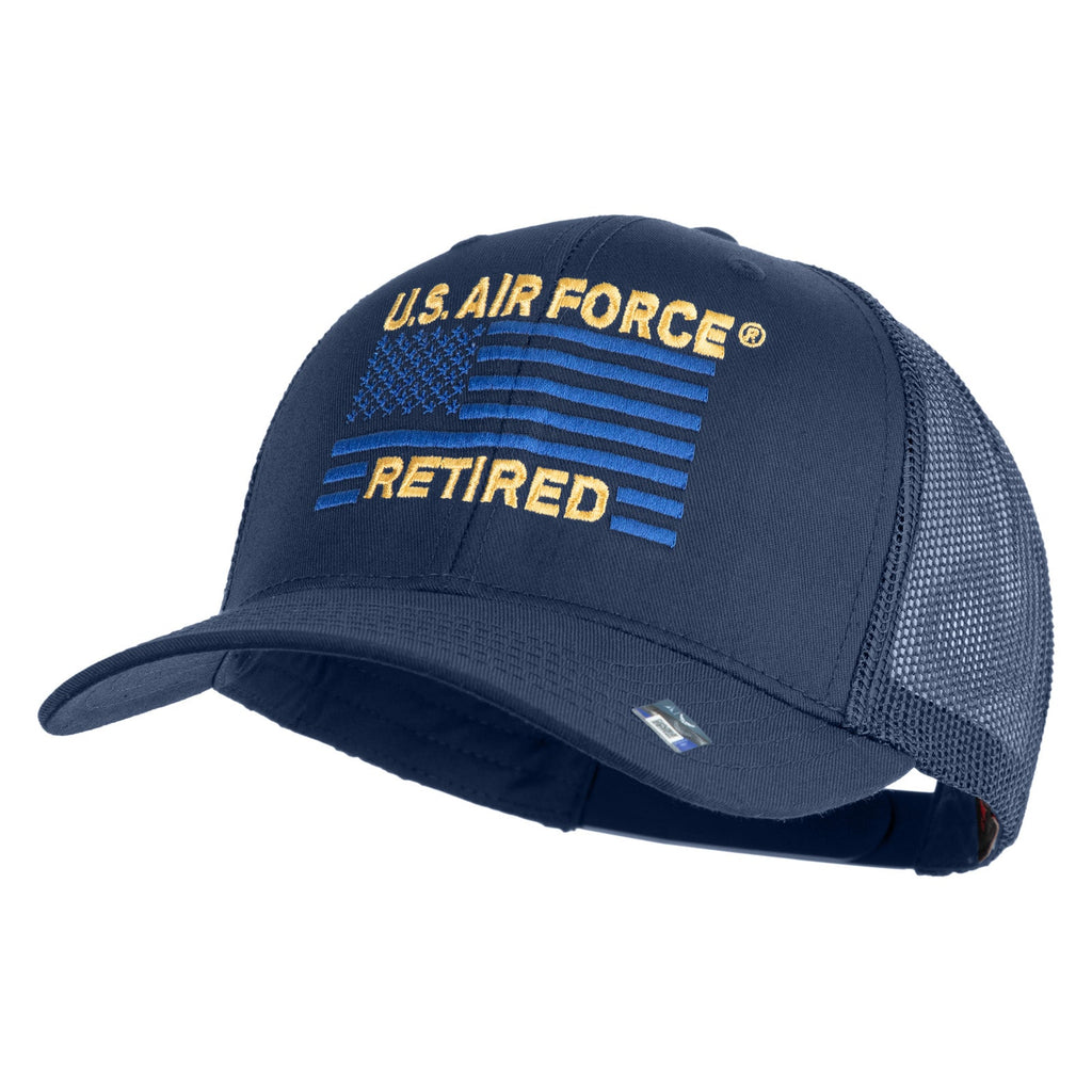 Navy blue cap with 'U.S. Air Force Retired' text and American flag design on a white background