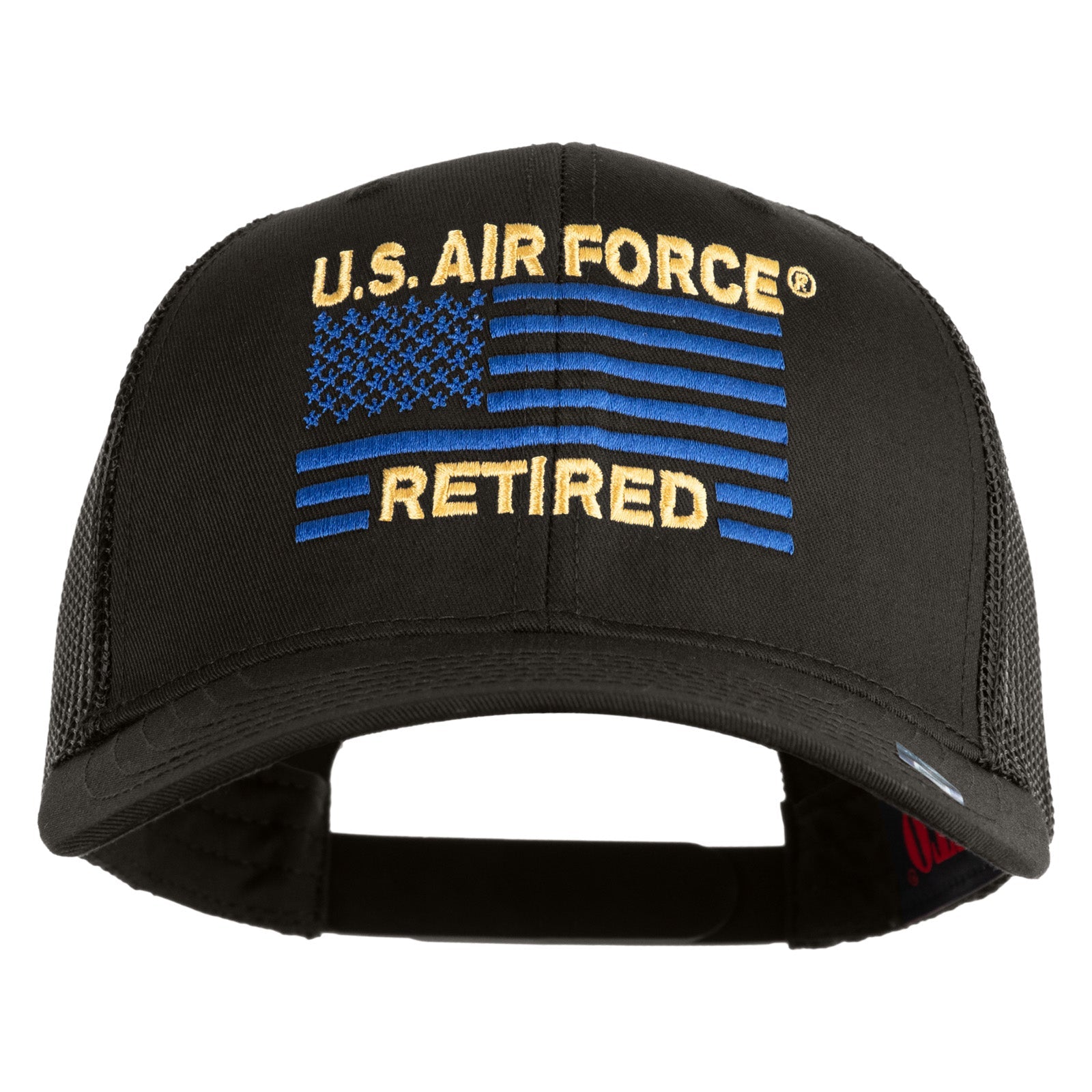 Black cap with U.S. Air Force Retired text and flag design on a white background