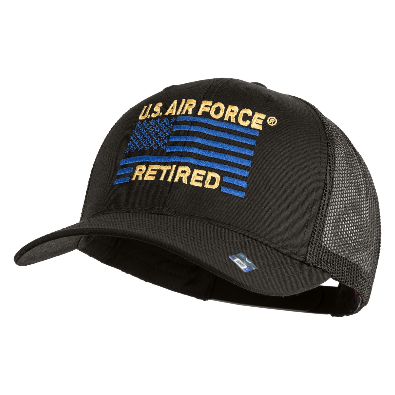 Black U.S. Air Force retired cap with blue and yellow design on a white background