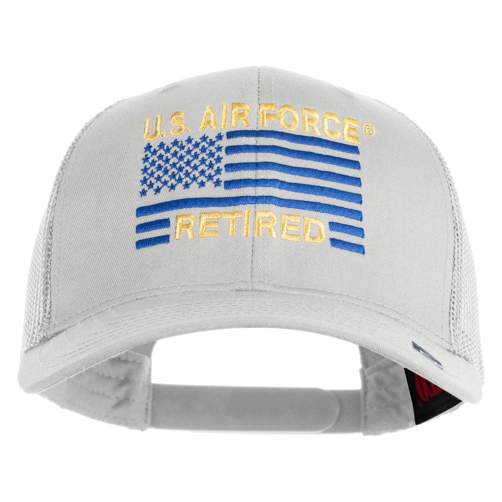 Gray cap with U.S. Air Force Retired text and flag design on a white background