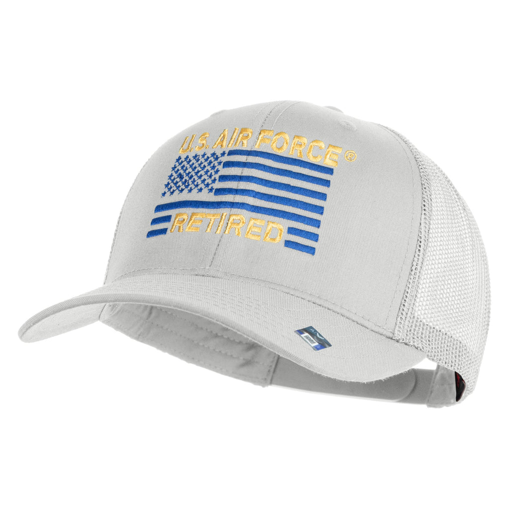 Gray U.S. Air Force Retired cap with blue and yellow design on a white background