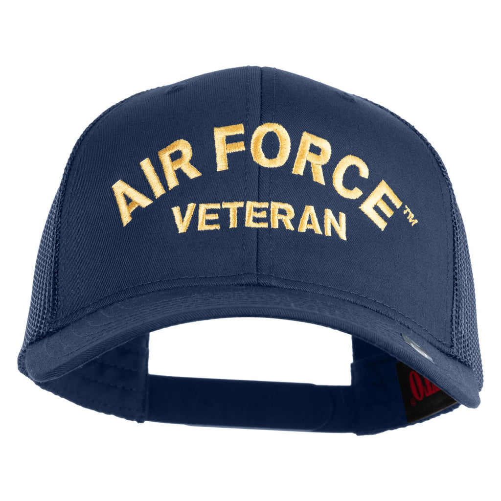 Navy blue cap with 'Air Force Veteran' text in gold on a white background