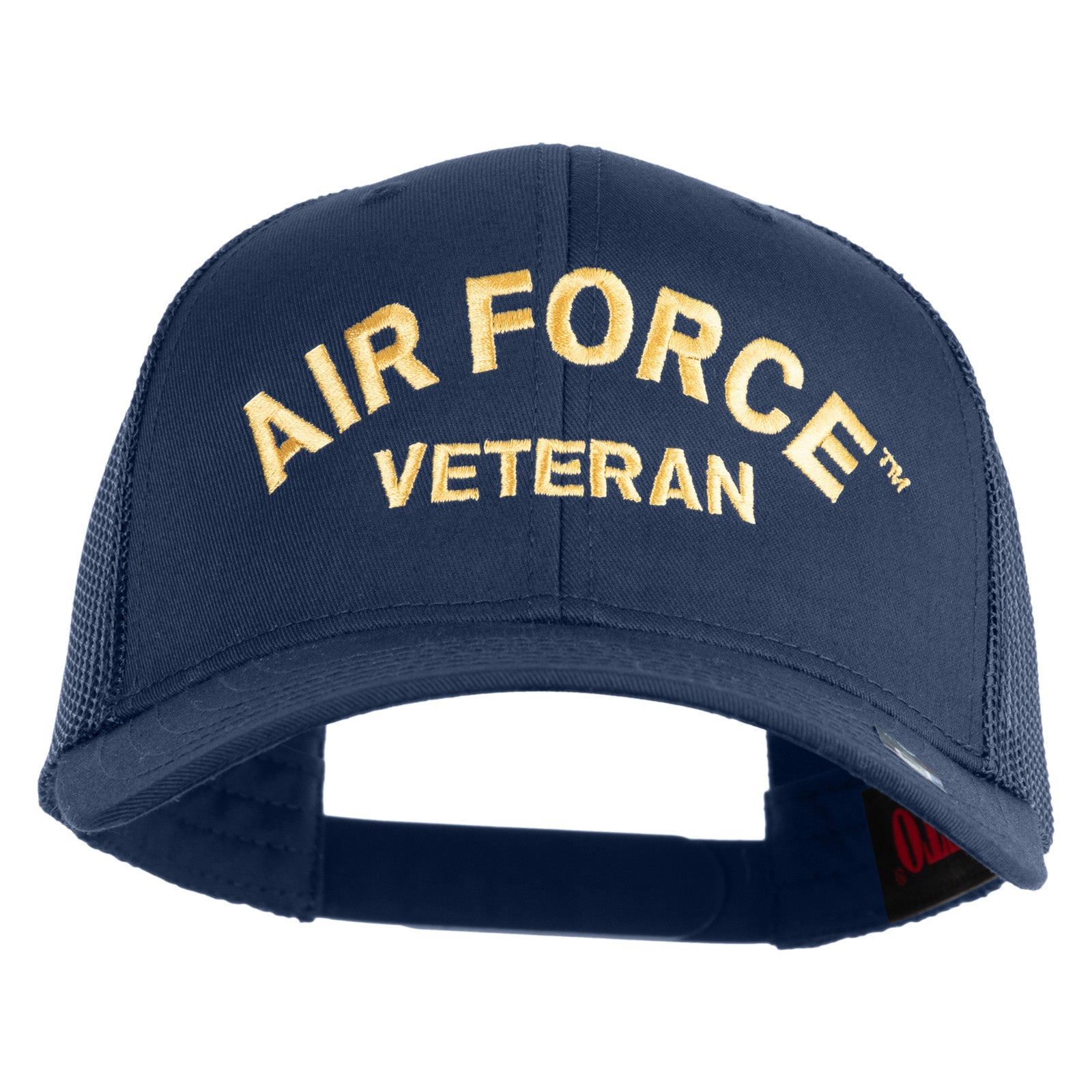 Navy blue cap with 'Air Force Veteran' text in gold on a white background