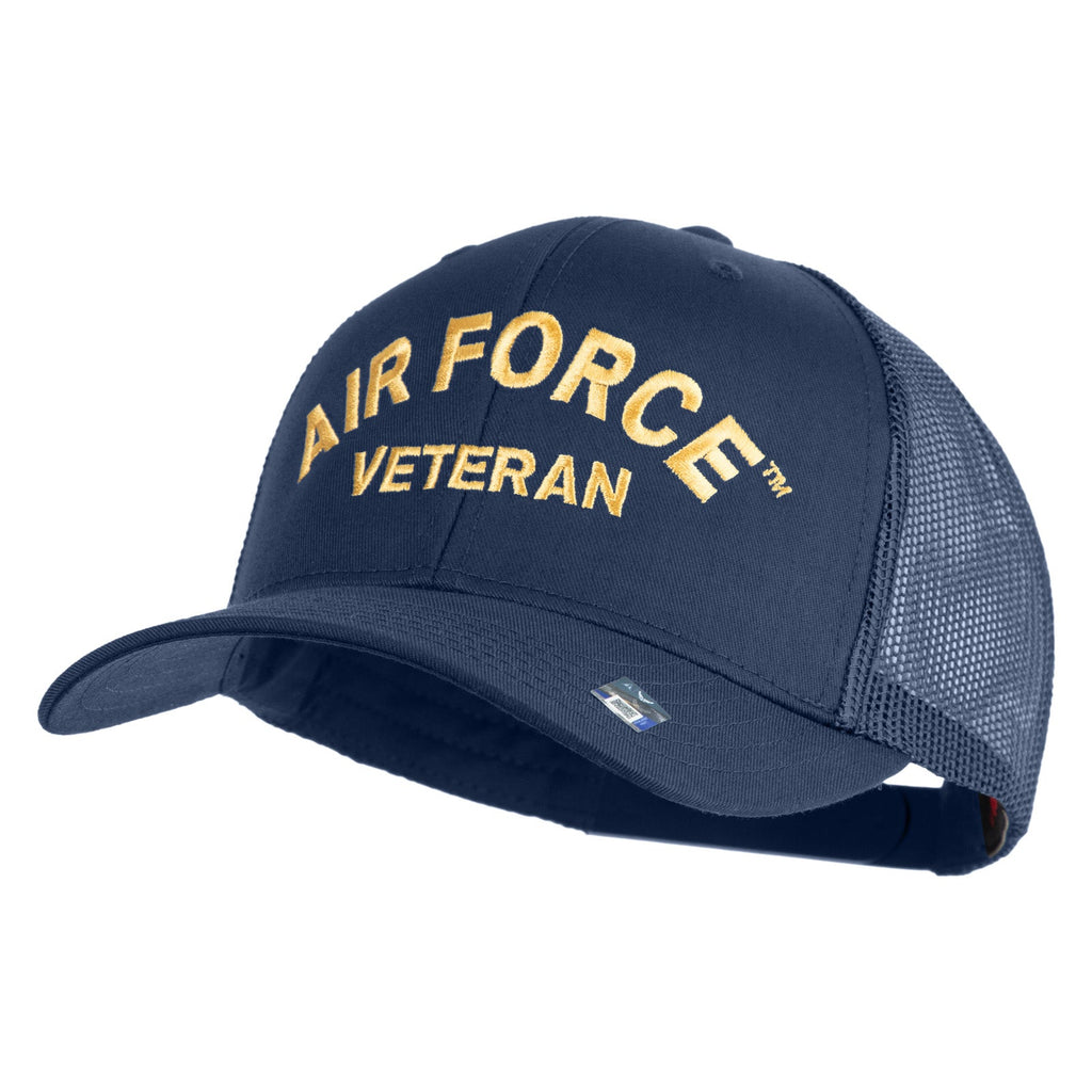 Navy blue cap with 'Air Force Veteran' text on a white background