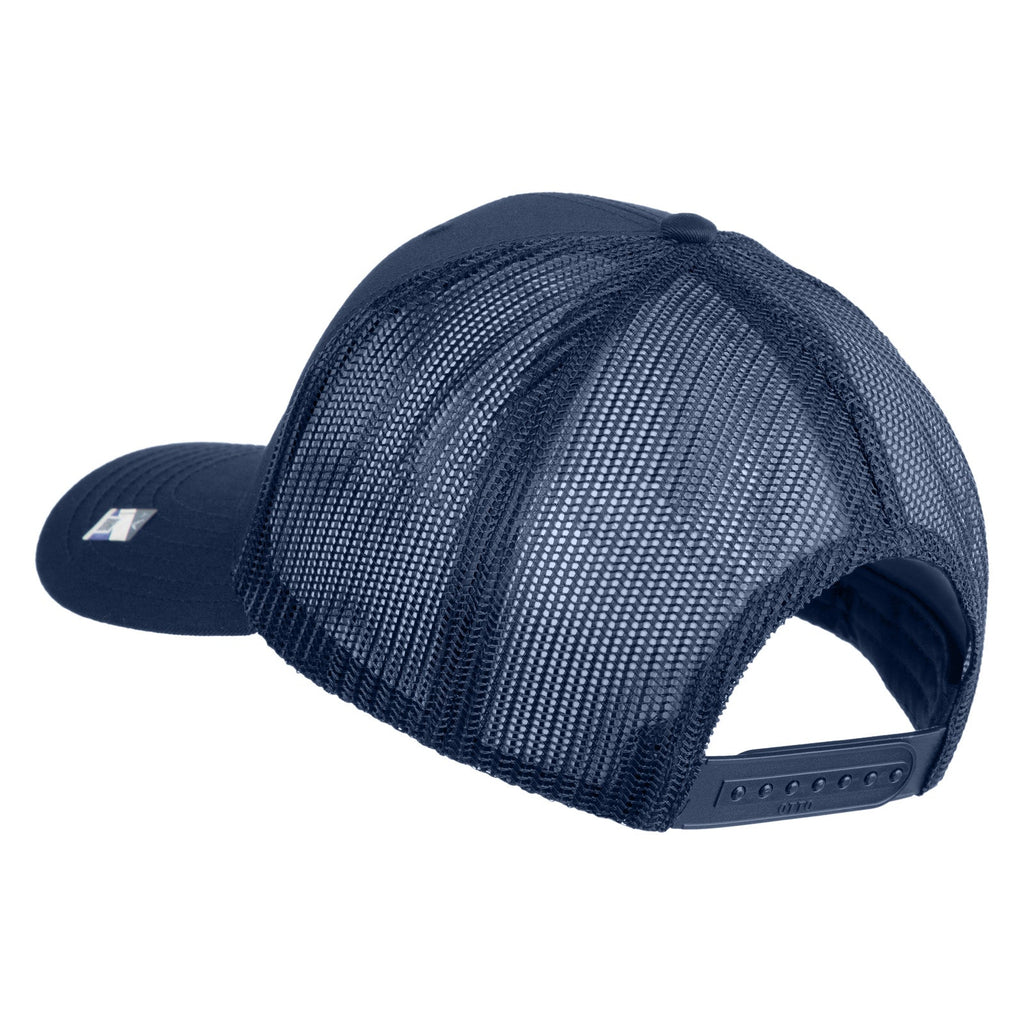 Navy blue cap with mesh back on a white background