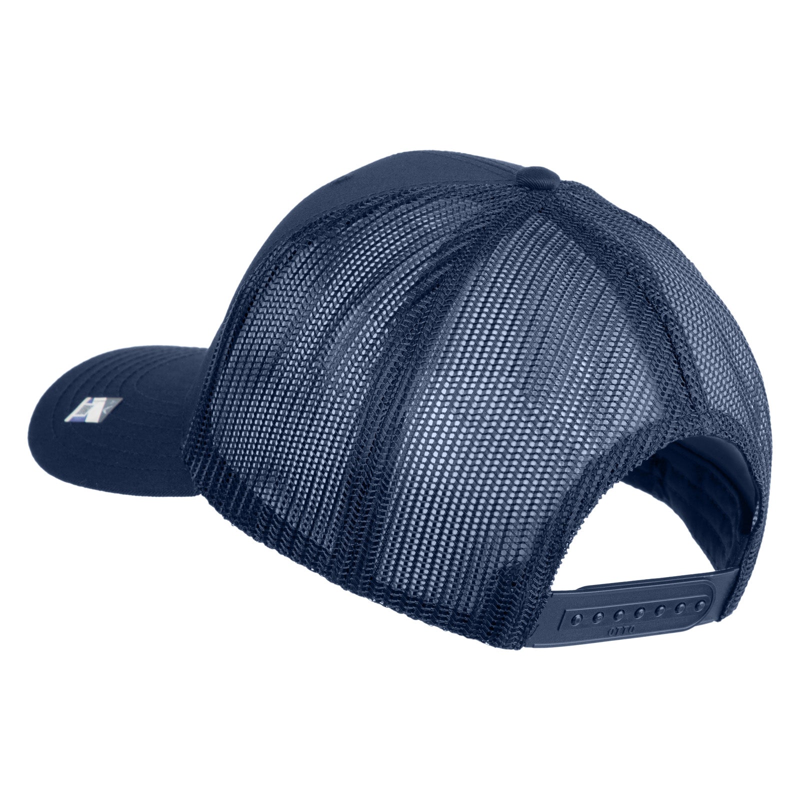 Navy blue cap with mesh back on a white background